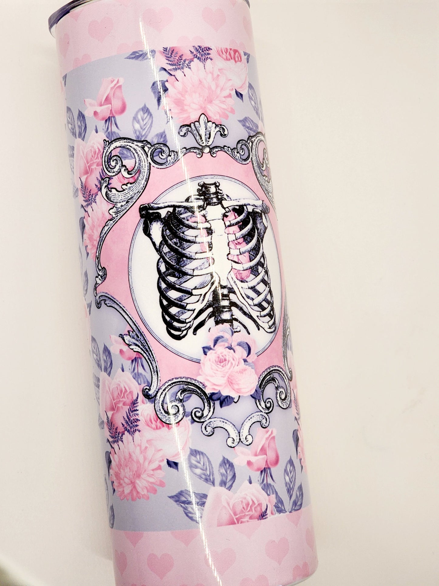 Pink gothic skinny tumbler, gothic Skeleton coffee tumbler, Steampunk coffee mugs, pastel goth gift, skull coffee mug, tattoo art drinkware