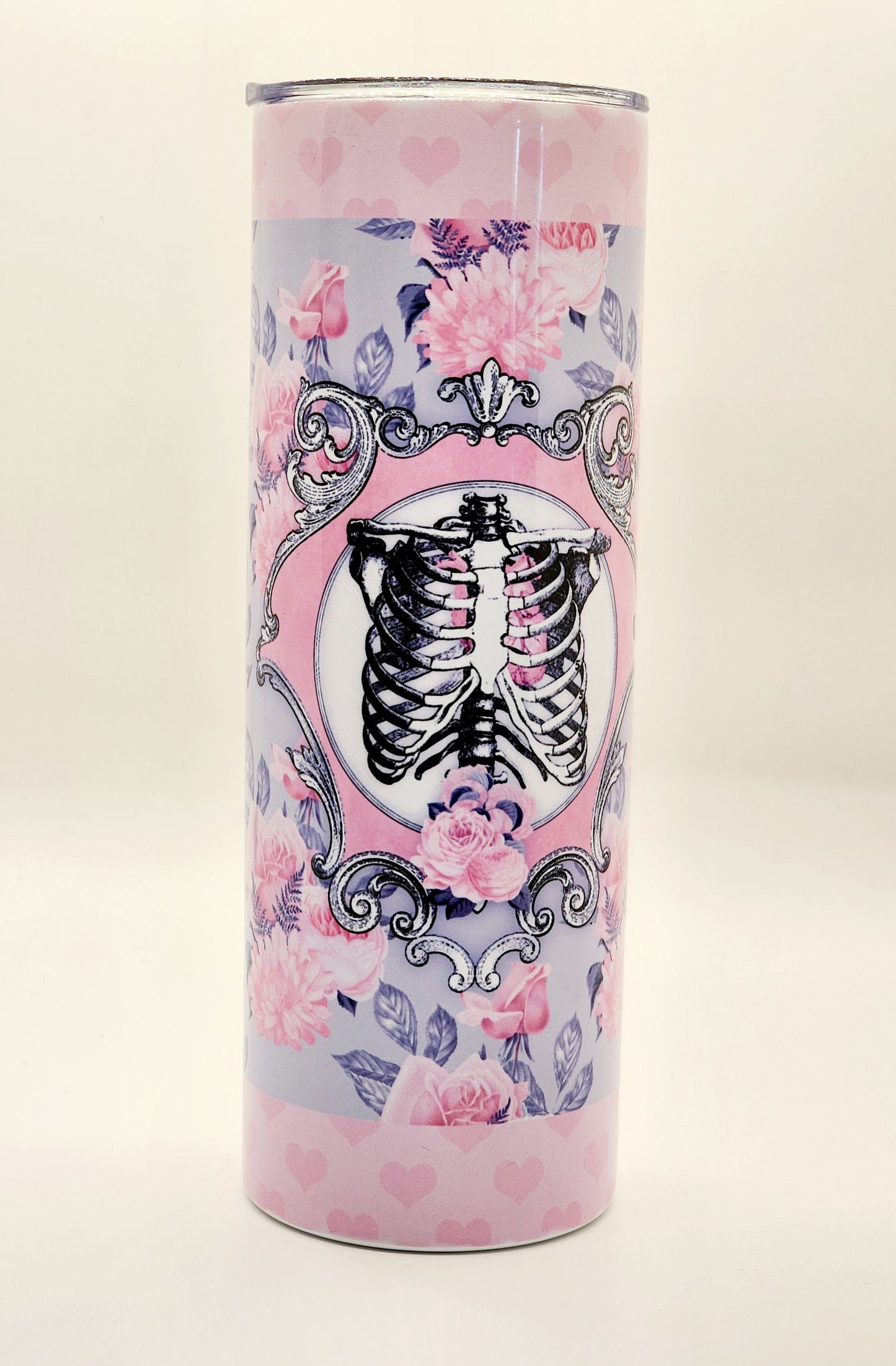 Pink gothic skinny tumbler, gothic Skeleton coffee tumbler, Steampunk coffee mugs, pastel goth gift, skull coffee mug, tattoo art drinkware