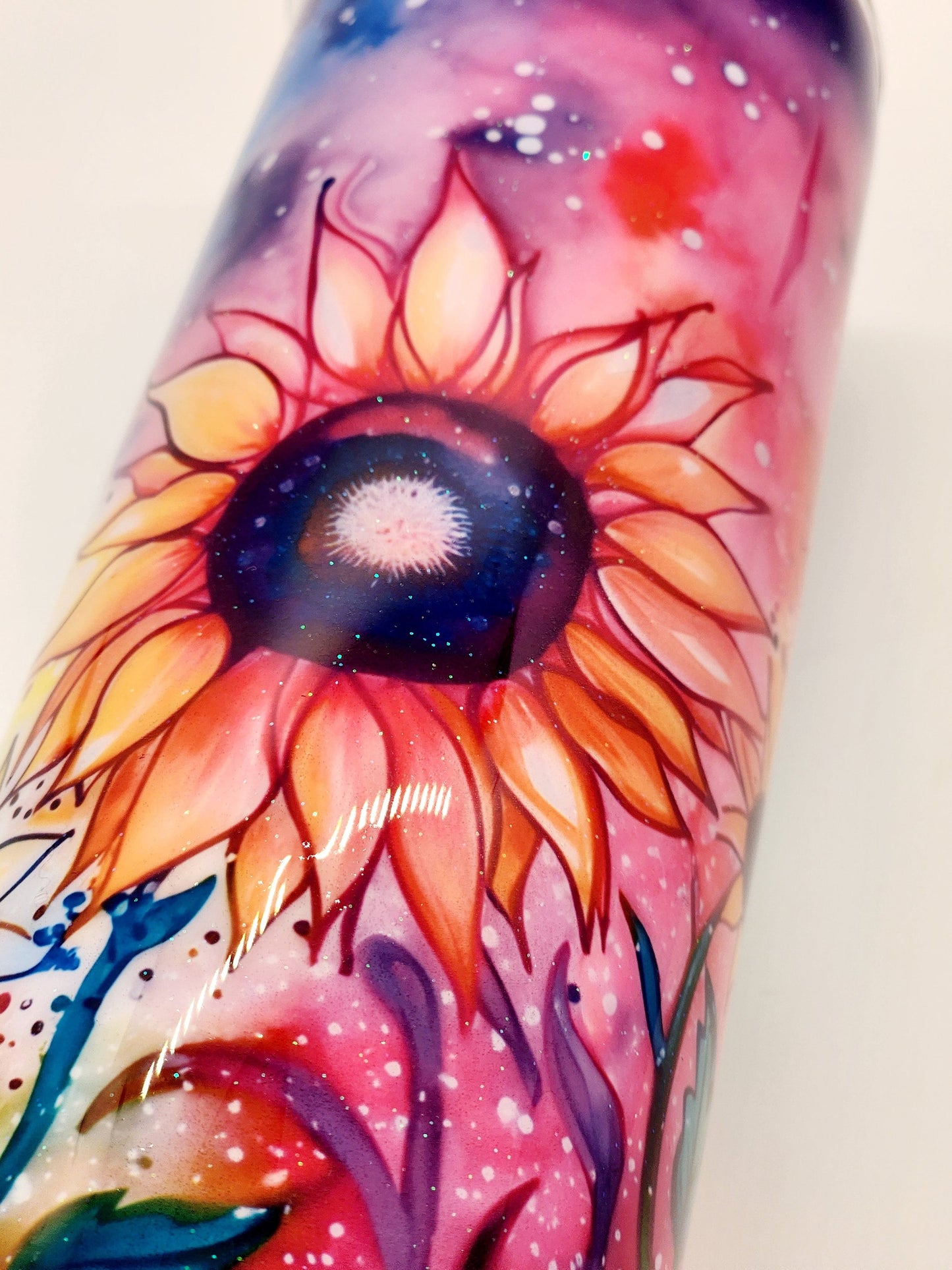 Celestial Sunflower 20 oz Glitter Tumbler, Floral Tumbler, Skinny Flower Tumbler, Iridescent Glitter Coffee Cup, Insulated Coffee Cup, Resin