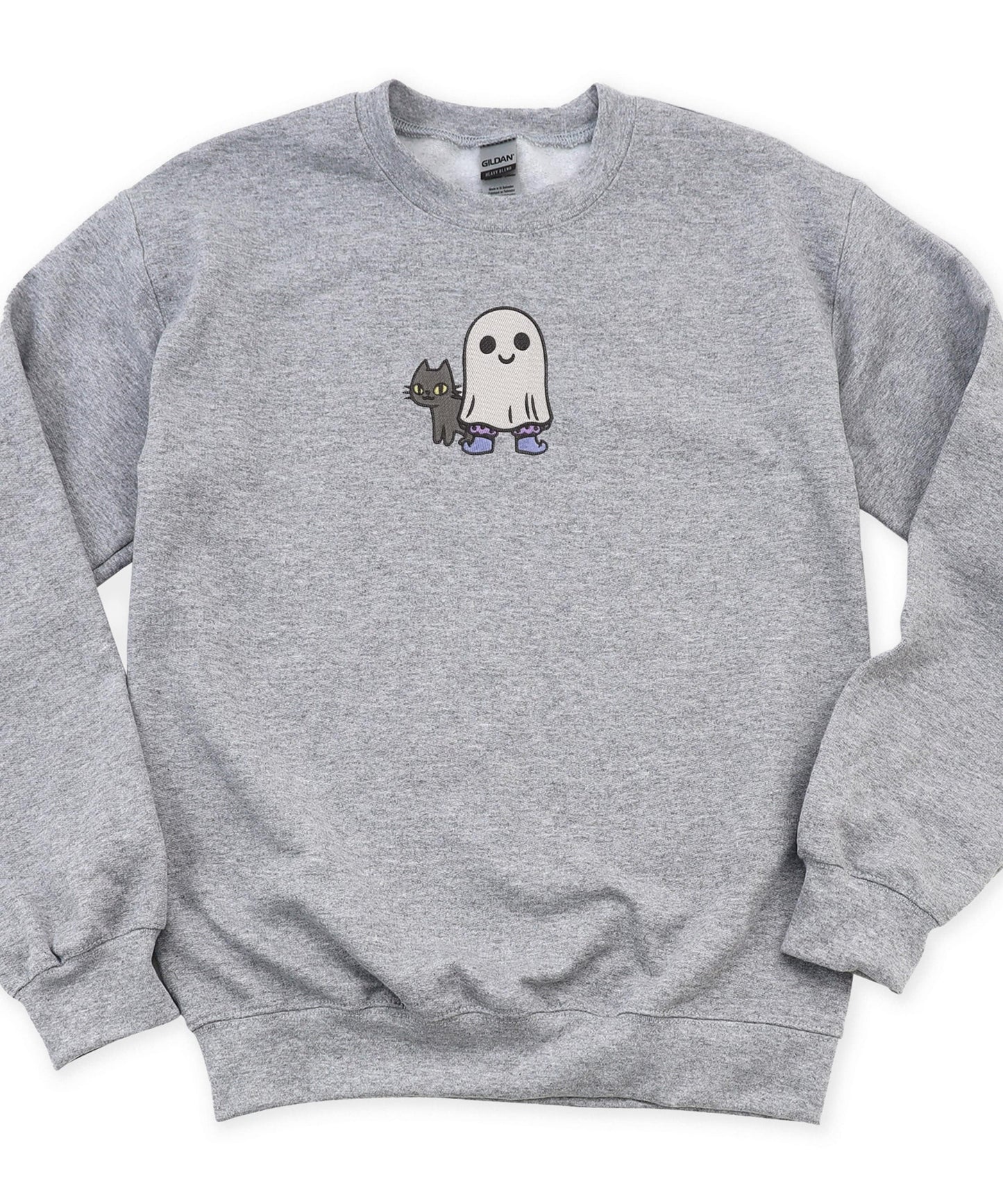 Embroidered Ghost Cat Shirt Halloween & Spooky Season - customizable embroidery, gothic crewneck, spooky season top, cute ghost embroidery