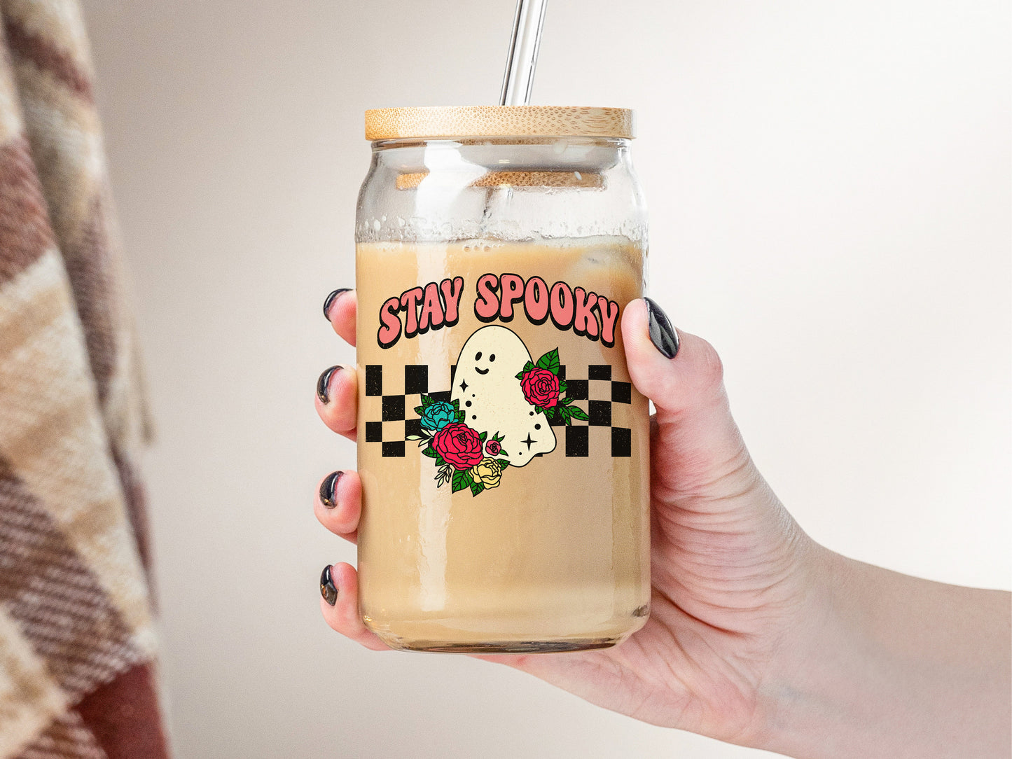 Stay Spooky Kawaii Ghost Checkered Iced Coffee Glass, Halloween Theme Beer Can, Gothic Drinkware & Barware, Retro Glassware, 16 oz Coffee