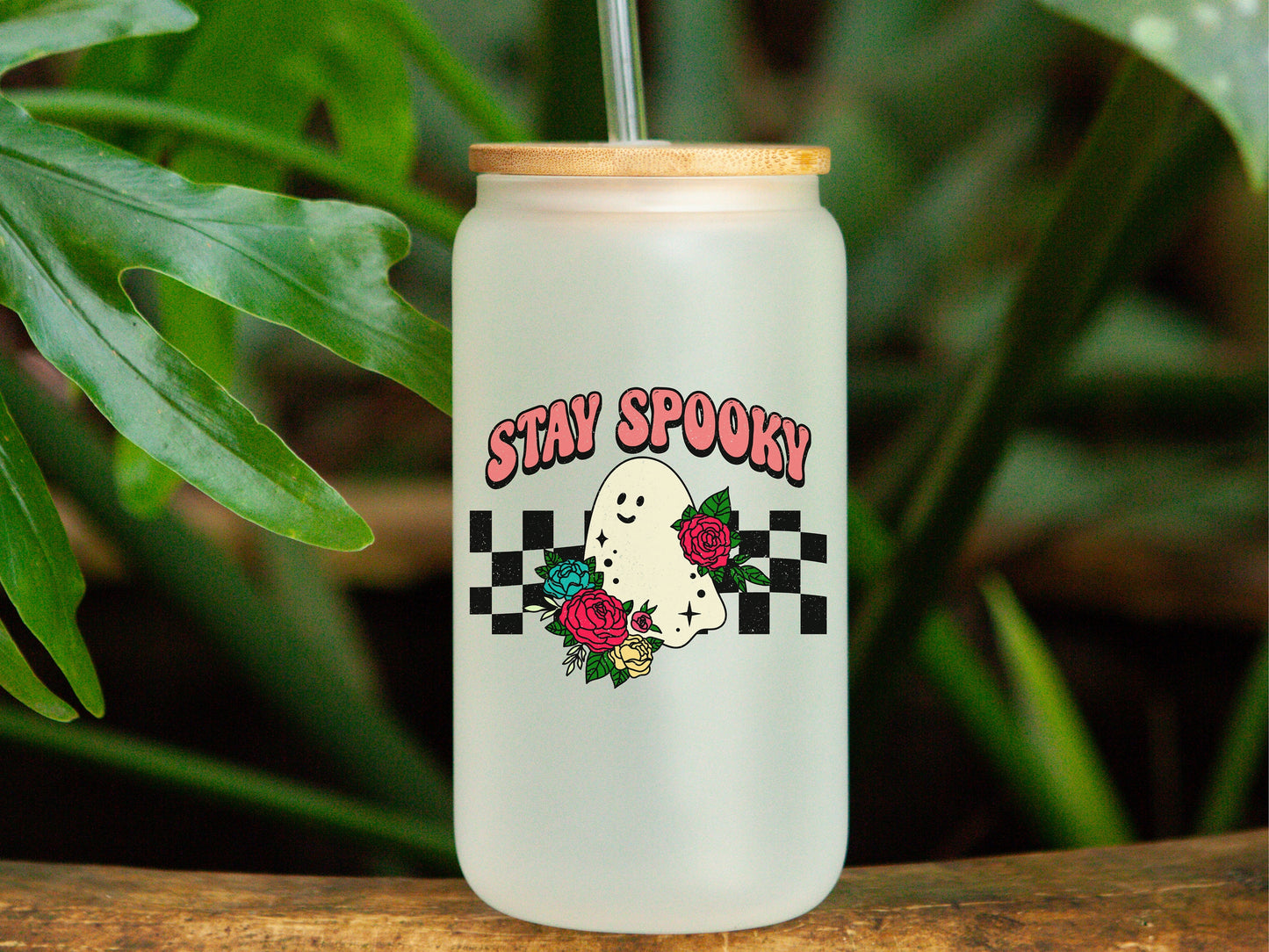 Stay Spooky Kawaii Ghost Checkered Iced Coffee Glass, Halloween Theme Beer Can, Gothic Drinkware & Barware, Retro Glassware, 16 oz Coffee