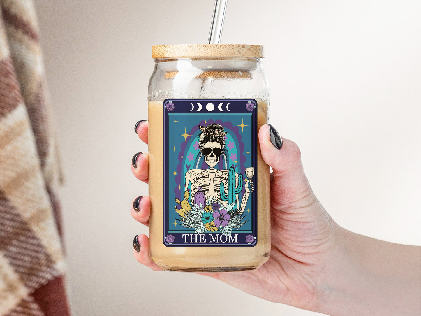 Goth Skeleton Mom Mama Tarot Iced Coffee Glass Can, Beer Can Glass, Gothic Drinkware, Witchy Tarot coffee cup, Spooky Season Skull Cup 16 oz