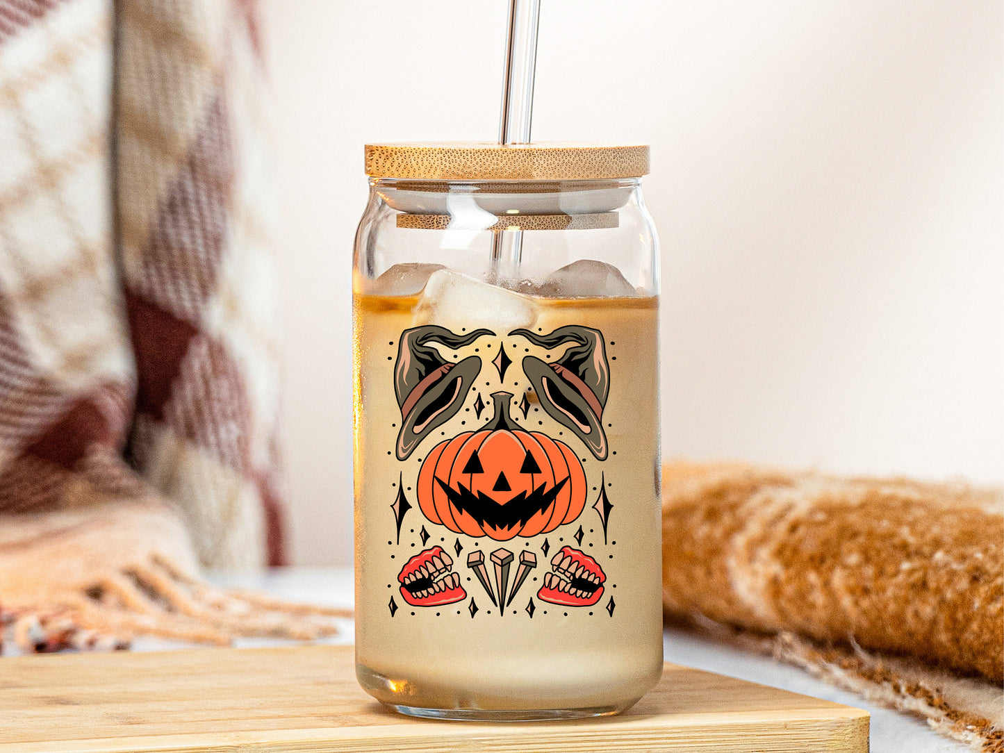 Halloween Pumpkin Flash Tattoo Iced Coffee Beer Can Glass Can, 16 oz Glass Can - Also Available in 10 oz Insulated Tumbler, Spooky Season