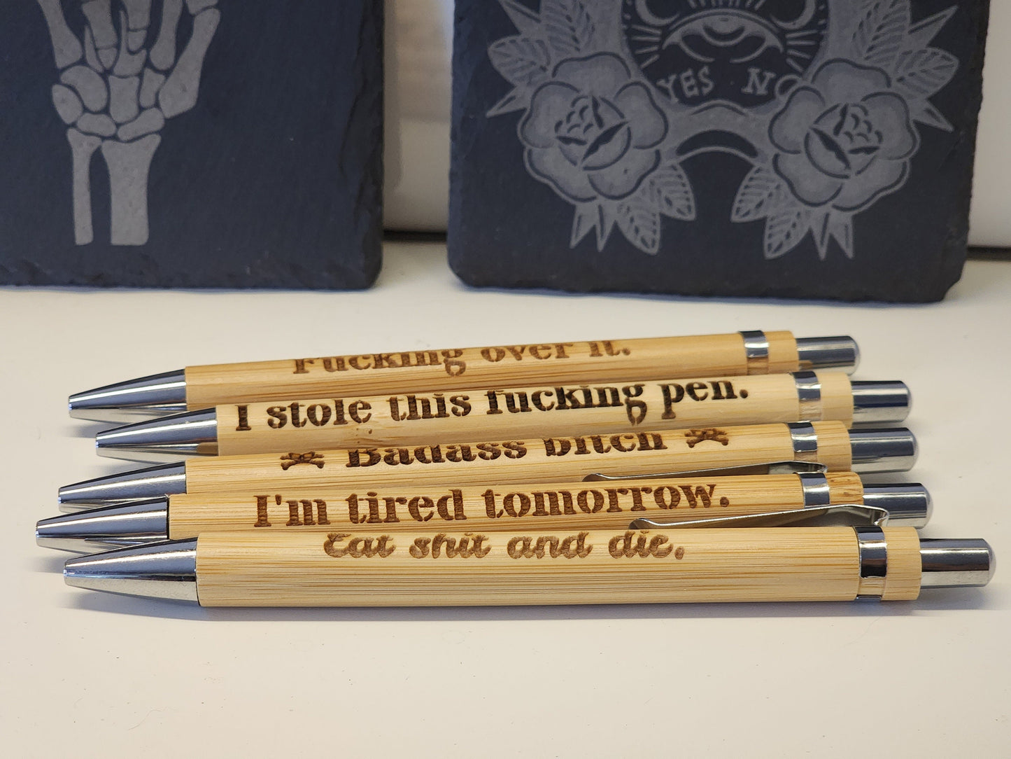 Offensive Snarky Sarcastic Engraved Bamboo Pens, Refillable Black Ink, Several Options for Saying, Funny Gag Gift, Fucking Over it Pen