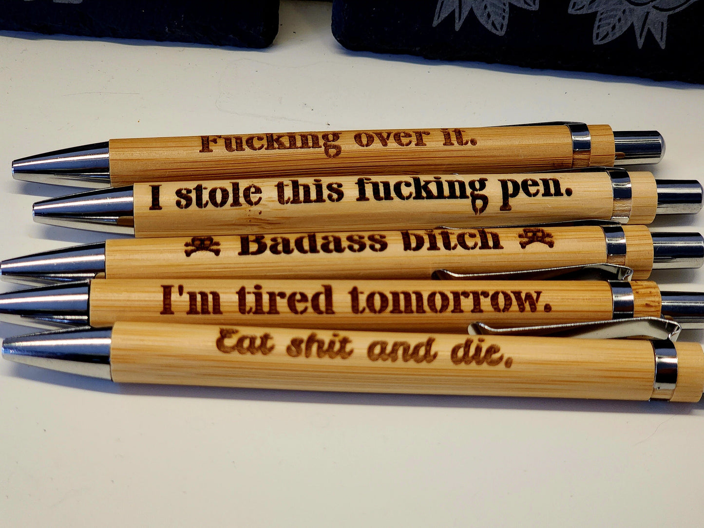 Offensive Snarky Sarcastic Engraved Bamboo Pens, Refillable Black Ink, Several Options for Saying, Funny Gag Gift, Fucking Over it Pen