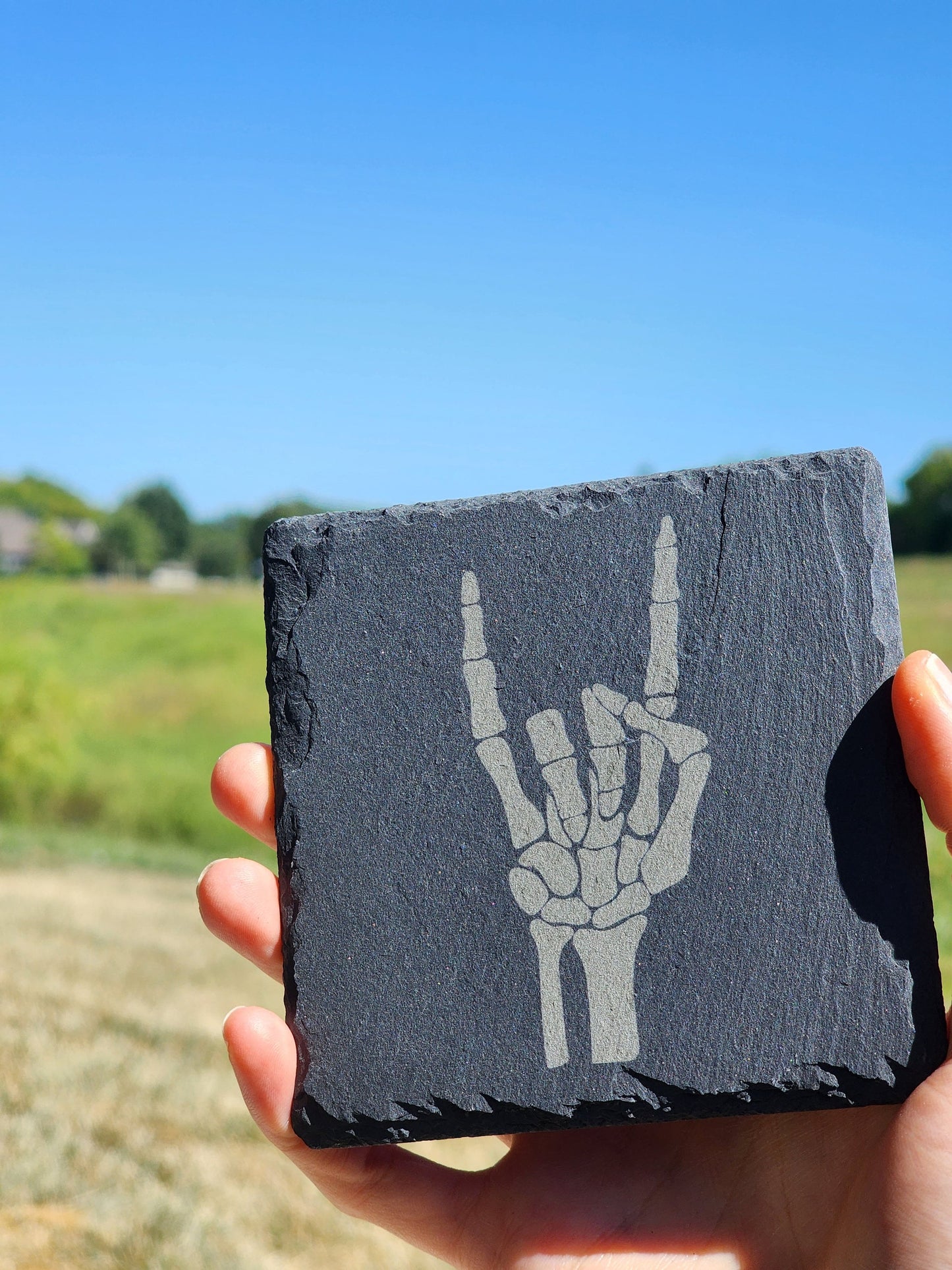 Skeleton hand rock on gothic metalhead Slate Black Coaster, Gothic Home Decor, Spooky season, metalcore gift, deathcore gift, skull coaster