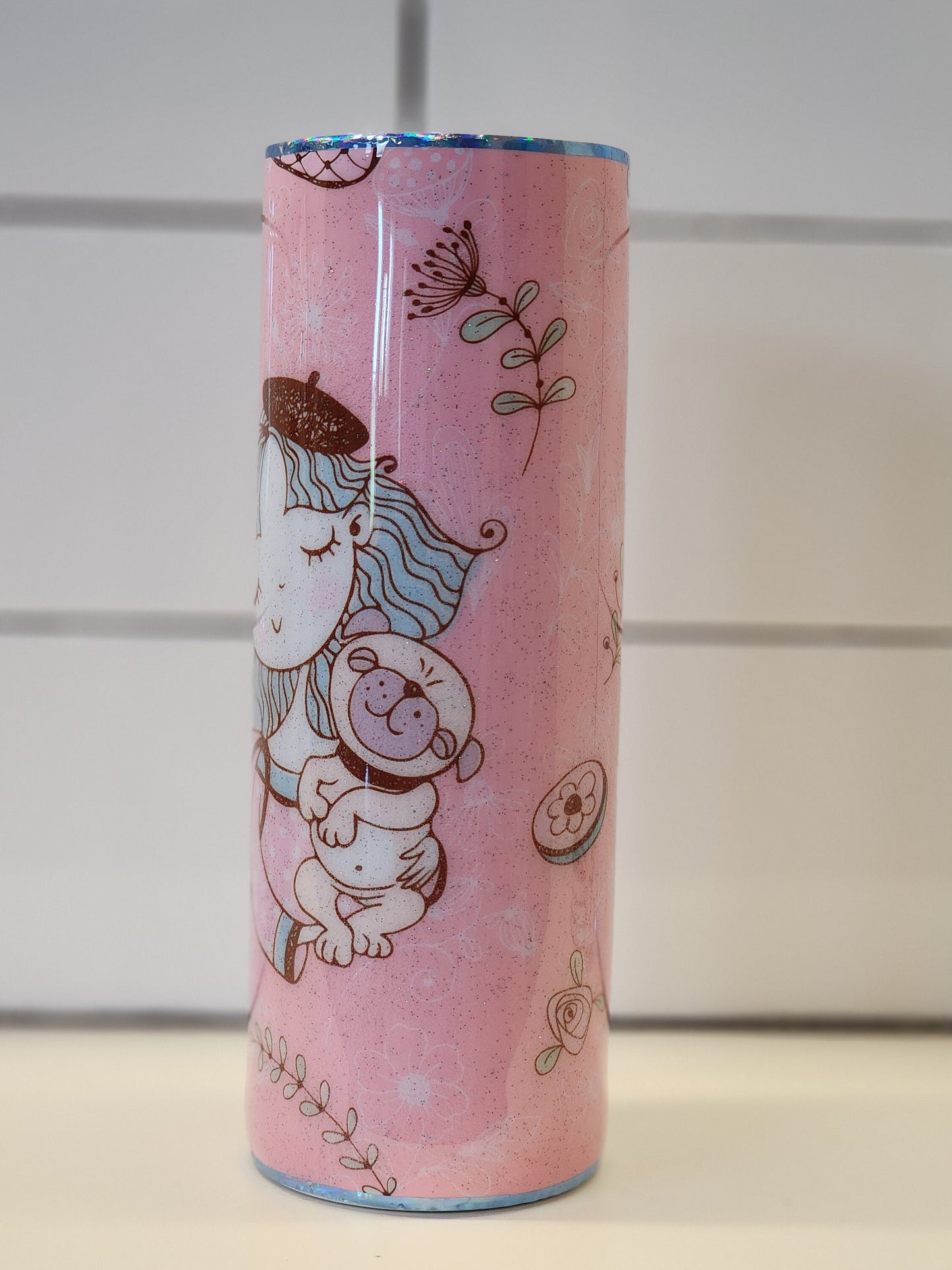 Dog Lover Girl Hugging Dog Pastel Pink Glitter 20 oz Coffee Tumbler, Insulated Coffee Cup, Animal Lover Coffee Cup, Dog Mom Cup, Epoxy Cup