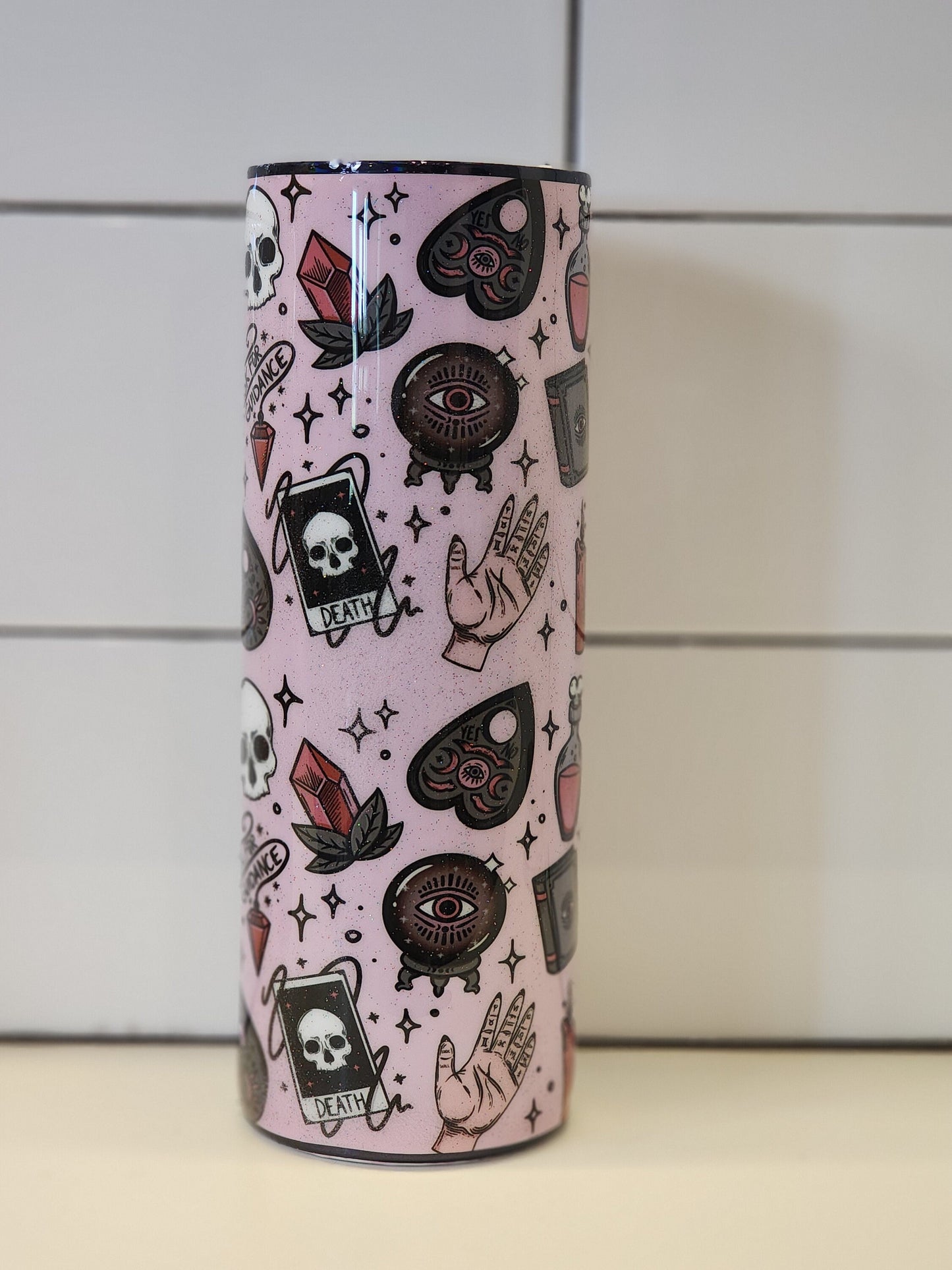 Spooky Witchy Planchette Ouija Horror Tumbler, Skull PotionFlash Tattoo Pastel Goth Pink Glitter 20 oz Coffee Tumbler, Insulated Coffee Cup