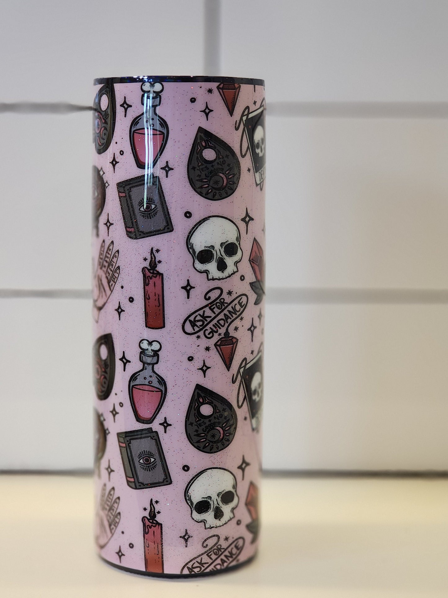 Spooky Witchy Planchette Ouija Horror Tumbler, Skull PotionFlash Tattoo Pastel Goth Pink Glitter 20 oz Coffee Tumbler, Insulated Coffee Cup