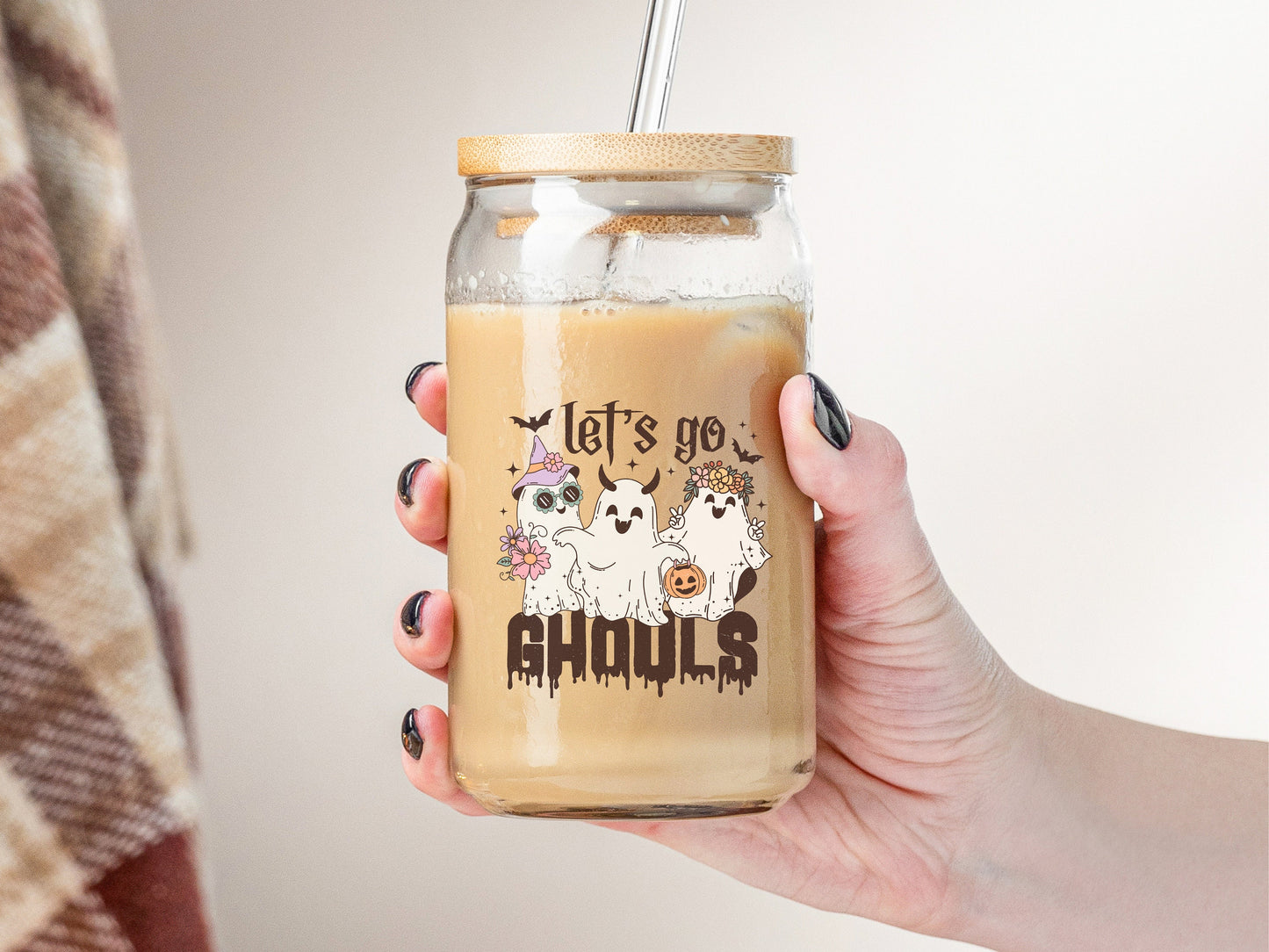 Let's Go Ghouls Retro Cute Ghost Iced Coffee Beer Can Glass Can, 16 oz Glass Can - Also Available in 10 oz Insulated Tumbler, Spooky Season