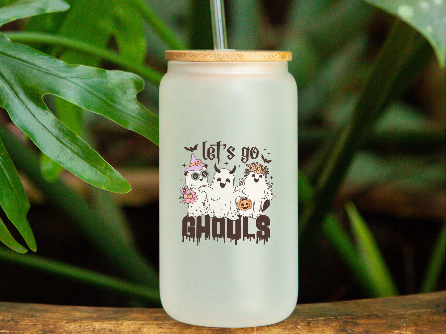 Let's Go Ghouls Retro Cute Ghost Iced Coffee Beer Can Glass Can, 16 oz Glass Can - Also Available in 10 oz Insulated Tumbler, Spooky Season