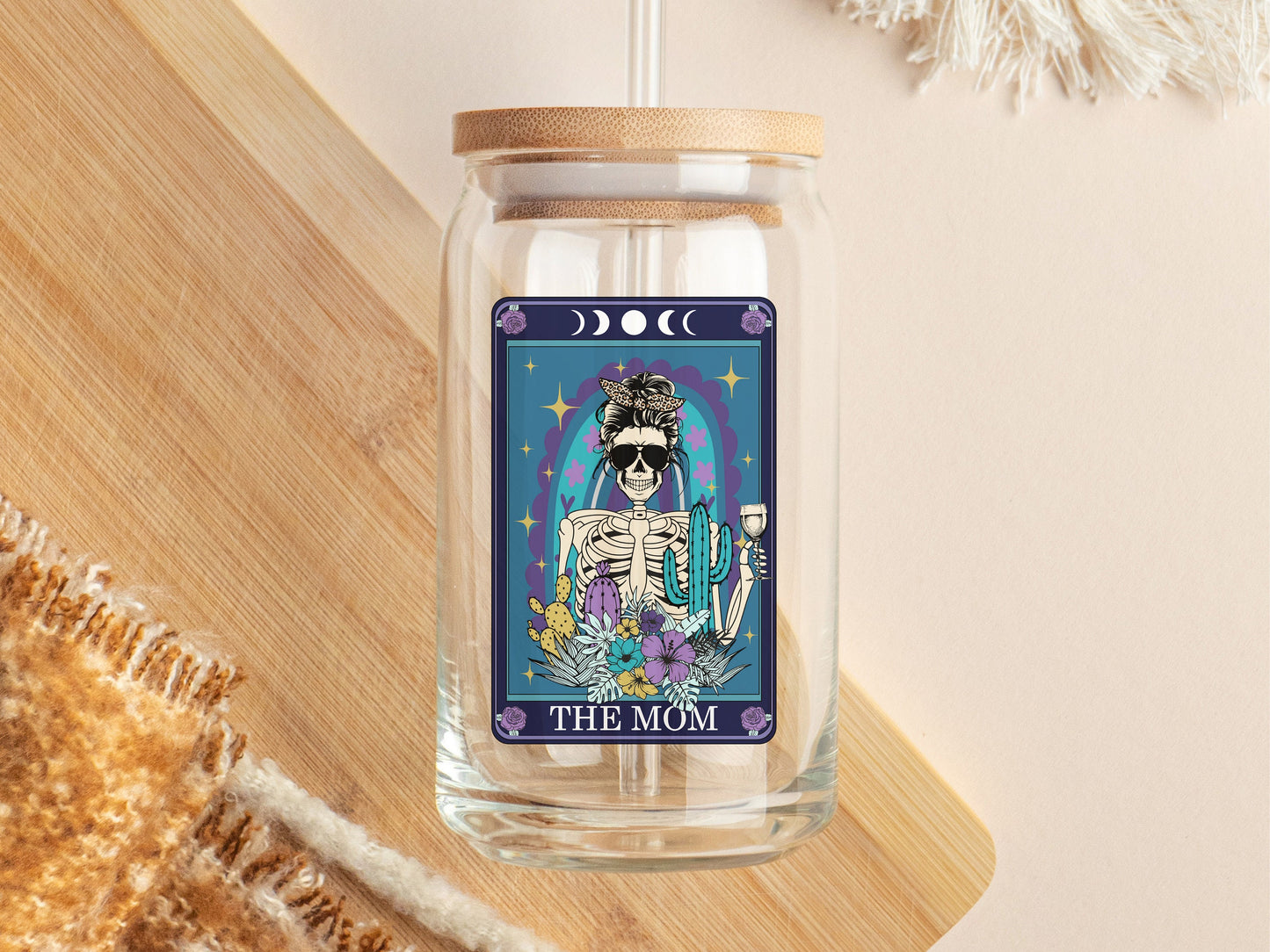 Goth Skeleton Mom Mama Tarot Iced Coffee Glass Can, Beer Can Glass, Gothic Drinkware, Witchy Tarot coffee cup, Spooky Season Skull Cup 16 oz