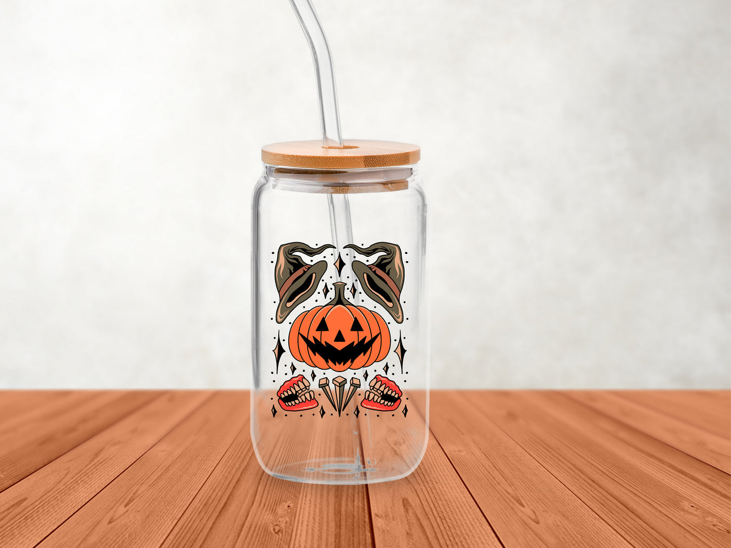 Halloween Pumpkin Flash Tattoo Iced Coffee Beer Can Glass Can, 16 oz Glass Can - Also Available in 10 oz Insulated Tumbler, Spooky Season