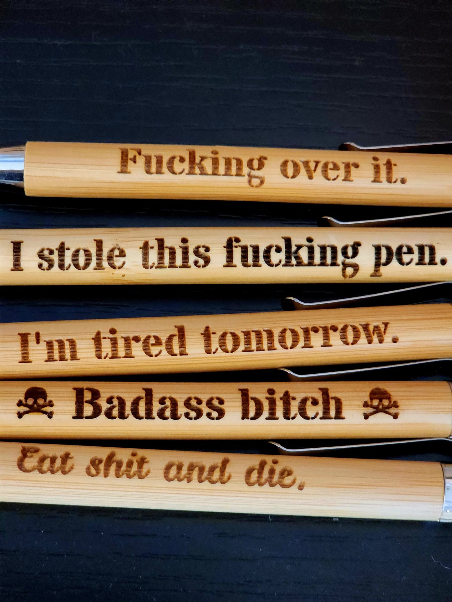 Offensive Snarky Sarcastic Engraved Bamboo Pens, Refillable Black Ink, Several Options for Saying, Funny Gag Gift, Fucking Over it Pen