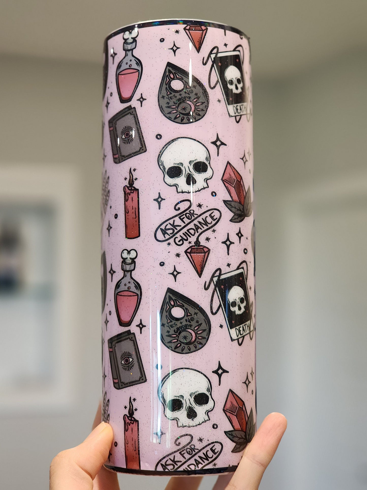 Spooky Witchy Planchette Ouija Horror Tumbler, Skull PotionFlash Tattoo Pastel Goth Pink Glitter 20 oz Coffee Tumbler, Insulated Coffee Cup