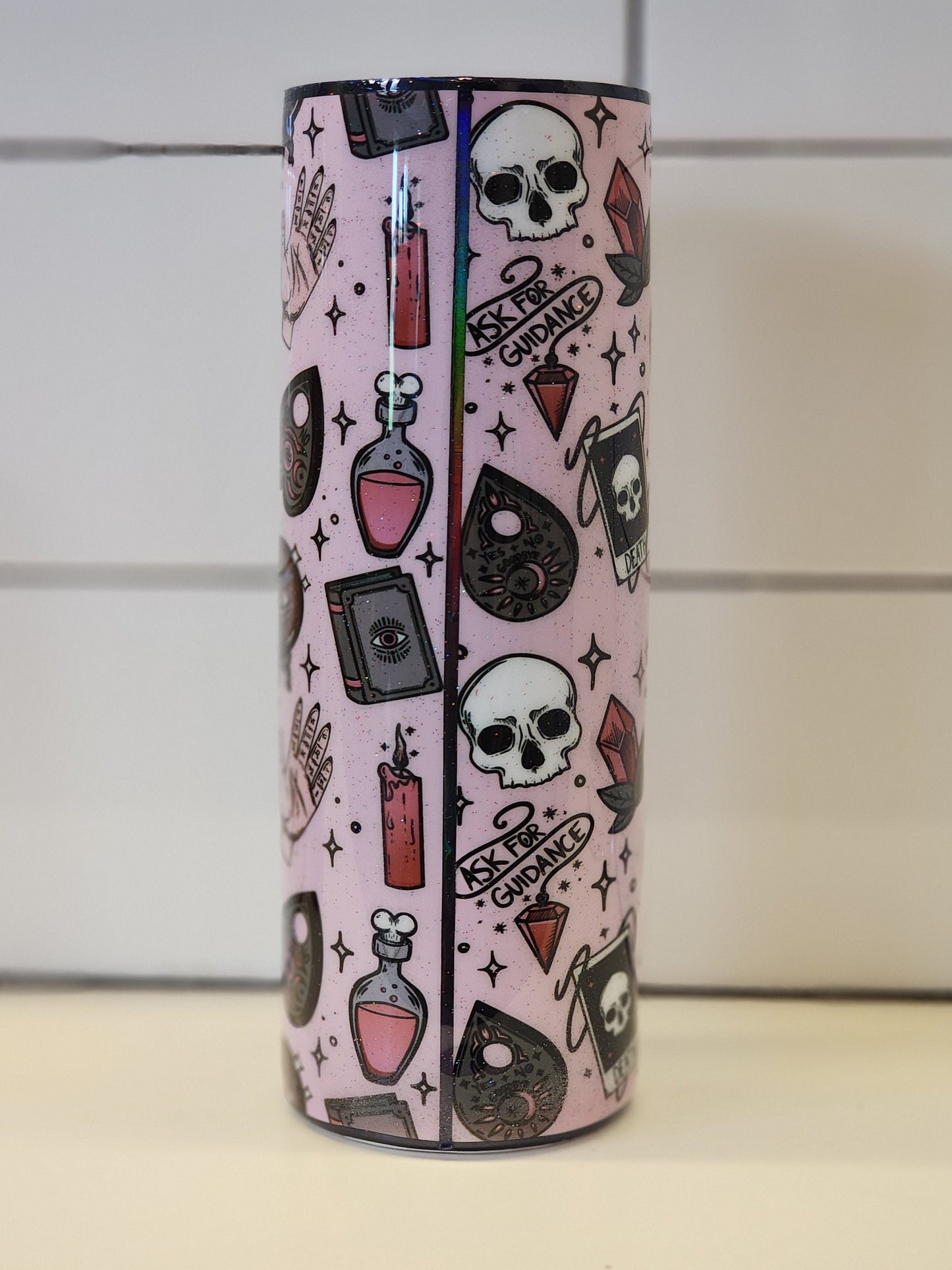 Spooky Witchy Planchette Ouija Horror Tumbler, Skull PotionFlash Tattoo Pastel Goth Pink Glitter 20 oz Coffee Tumbler, Insulated Coffee Cup