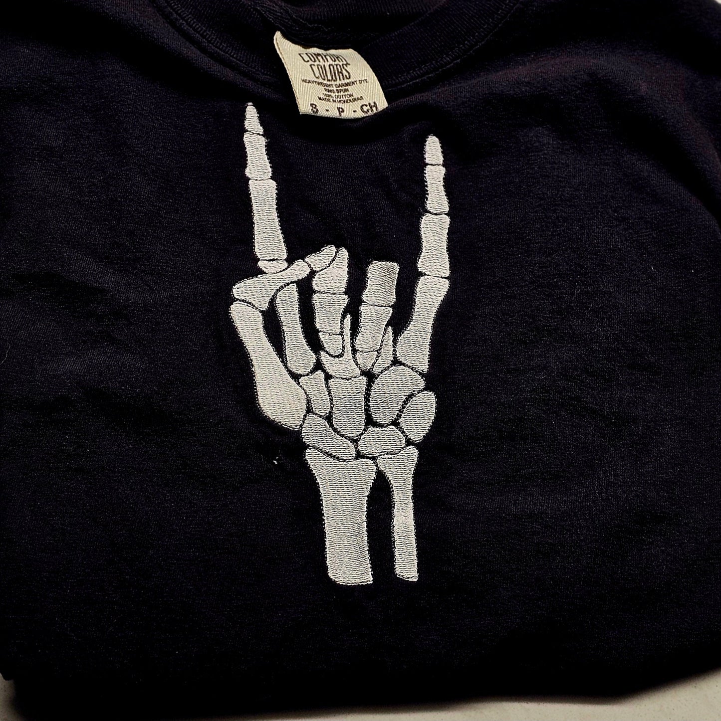 Embroidered Skeleton Rock on Hands Comfort colors tee, embroidered gothic Crewneck, metalhead shirt, rock on shirt, skull skeleton clothing