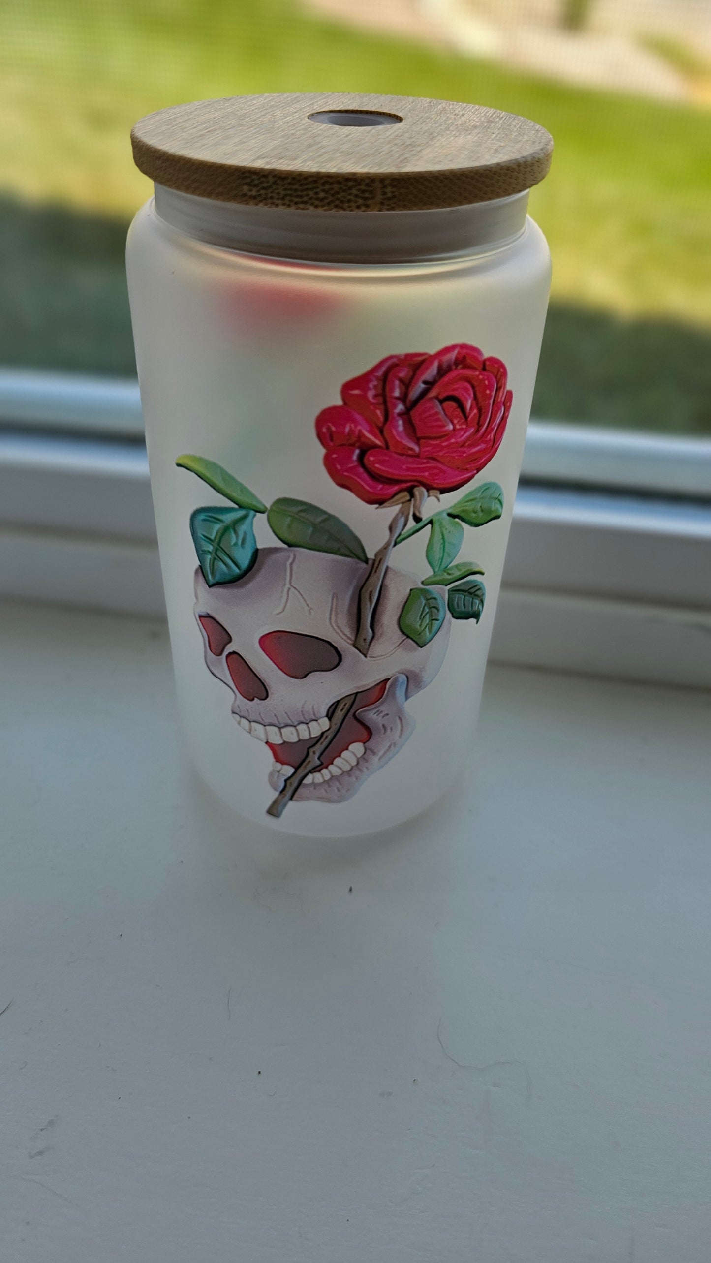 Frosted 16 oz Wooden 3d Art Skull Roses Tattoo Style Iced Coffee Cup with Lid & Straw