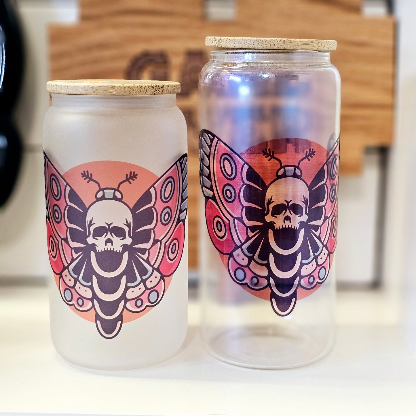 Death Moth Luna Moth Flash Tattoo Iced Coffee Glass Can - 20 oz and 16 oz option