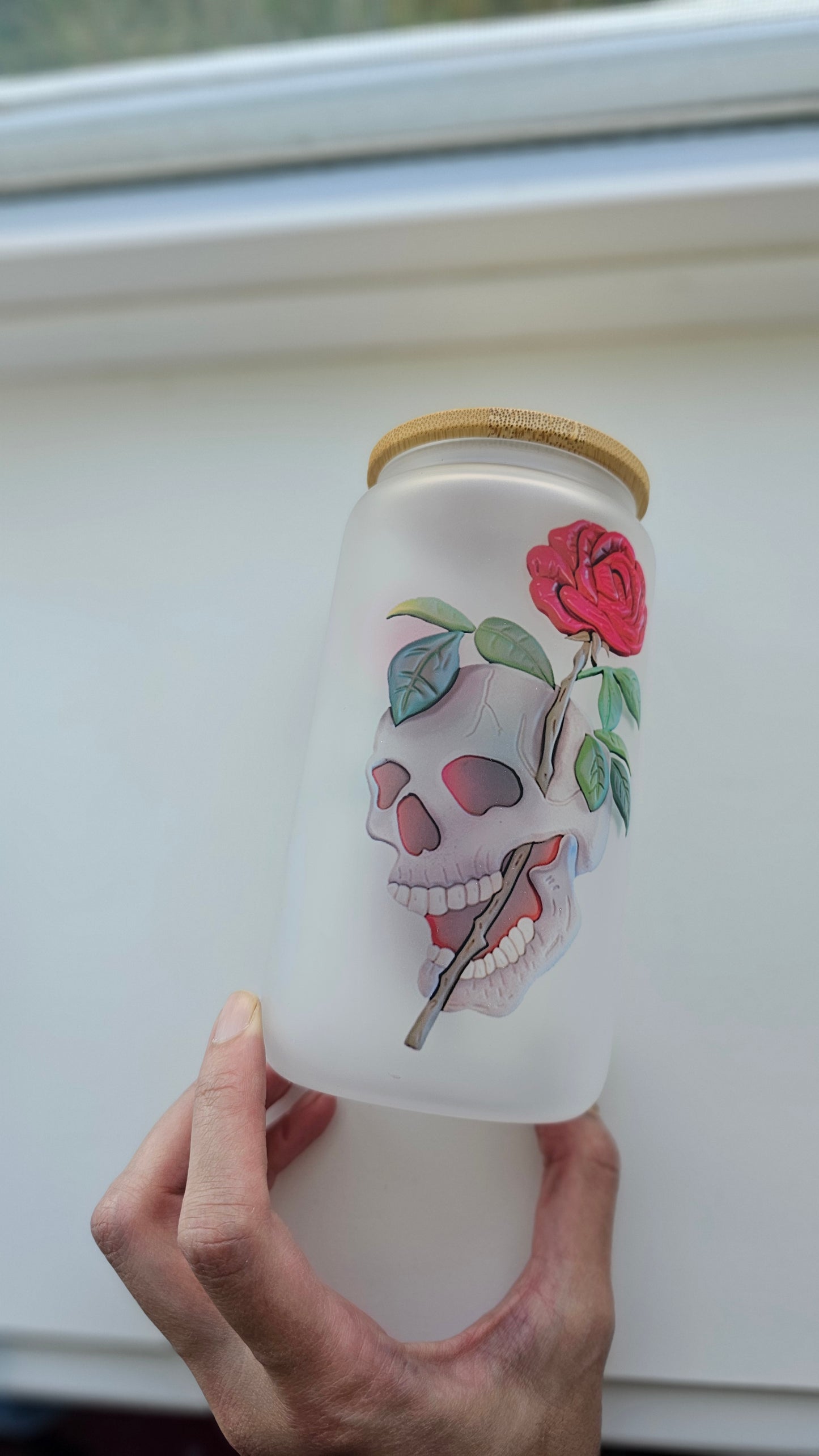 Frosted 16 oz Wooden 3d Art Skull Roses Tattoo Style Iced Coffee Cup with Lid & Straw