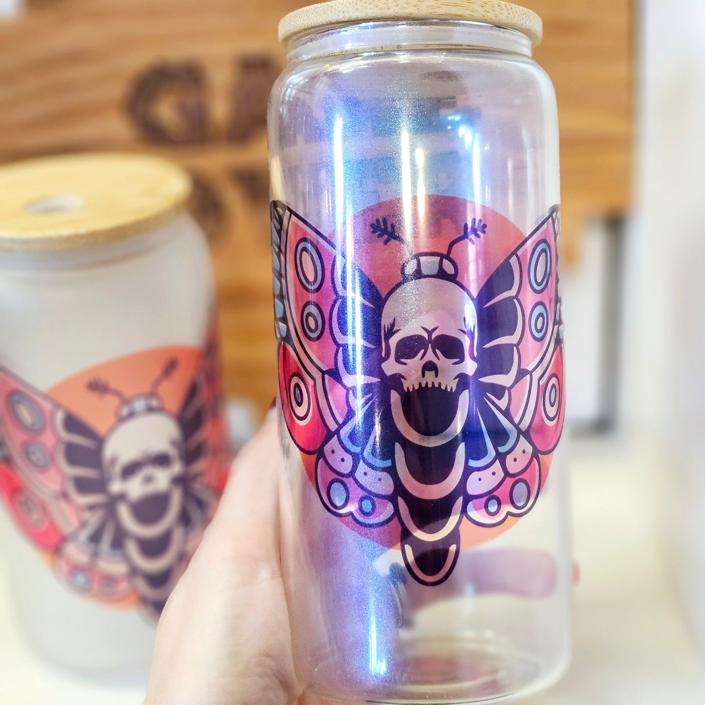 Death Moth Luna Moth Flash Tattoo Iced Coffee Glass Can - 20 oz and 16 oz option