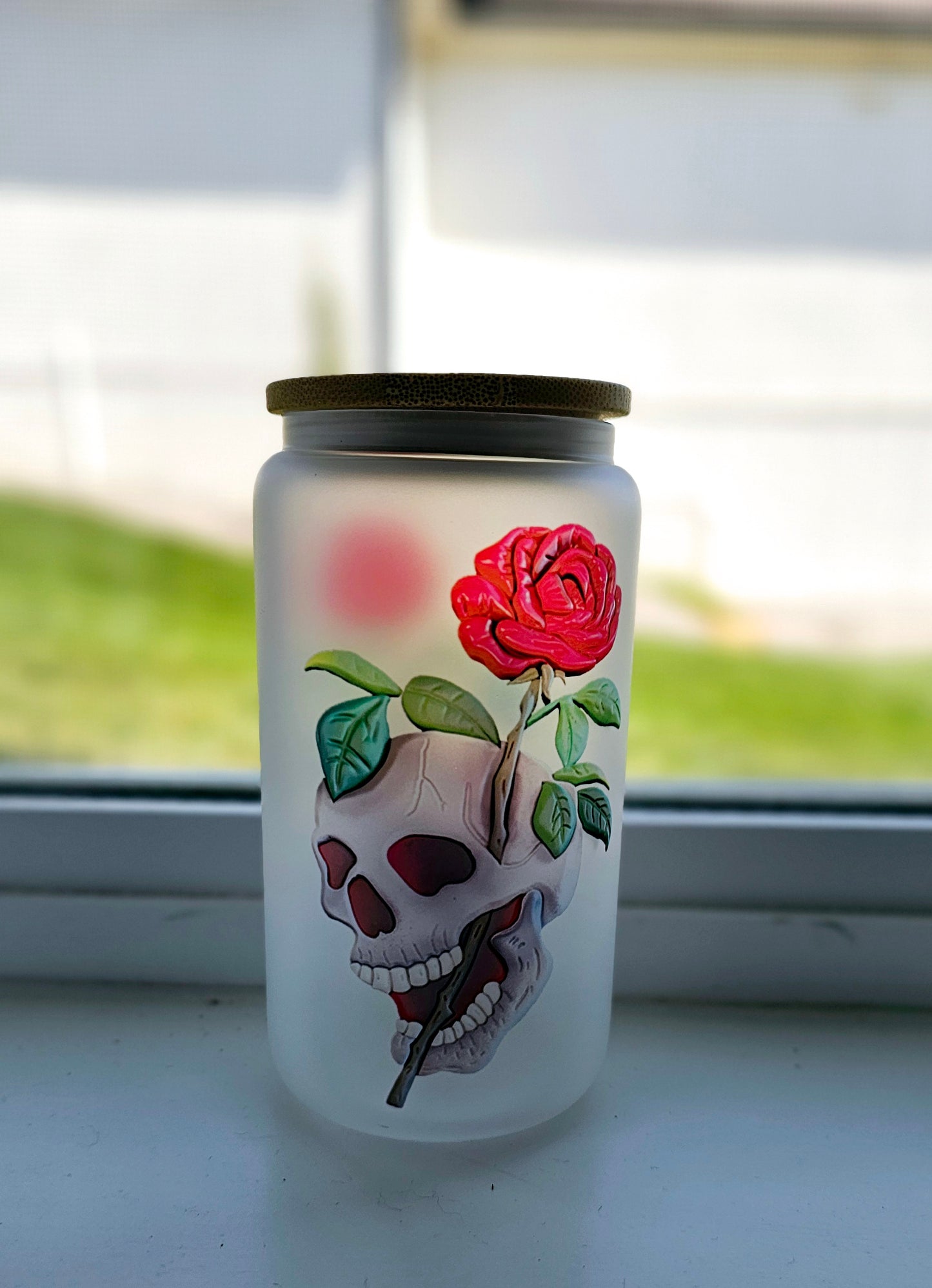 Frosted 16 oz Wooden 3d Art Skull Roses Tattoo Style Iced Coffee Cup with Lid & Straw