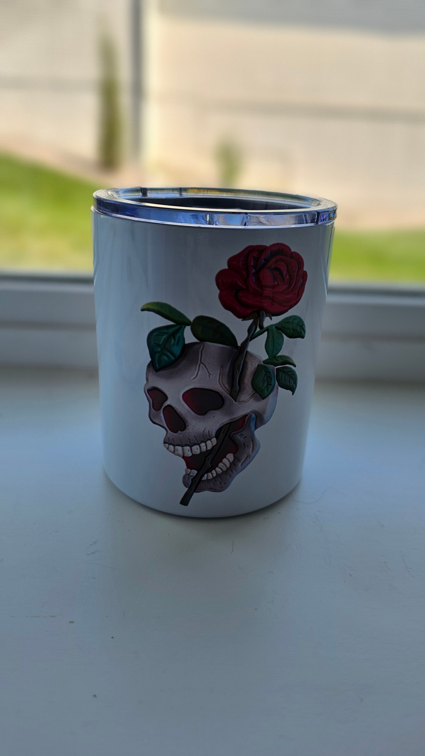 Lowball 10 oz Chunky Skull Wood Art Tumbler Flash Tattoo Style