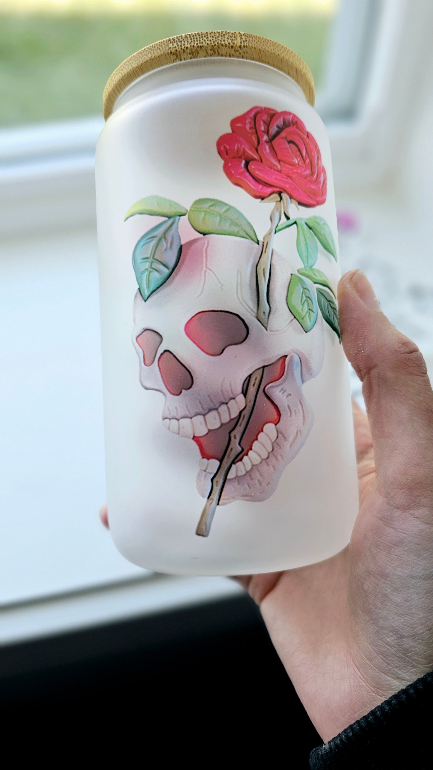 Frosted 16 oz Wooden 3d Art Skull Roses Tattoo Style Iced Coffee Cup with Lid & Straw