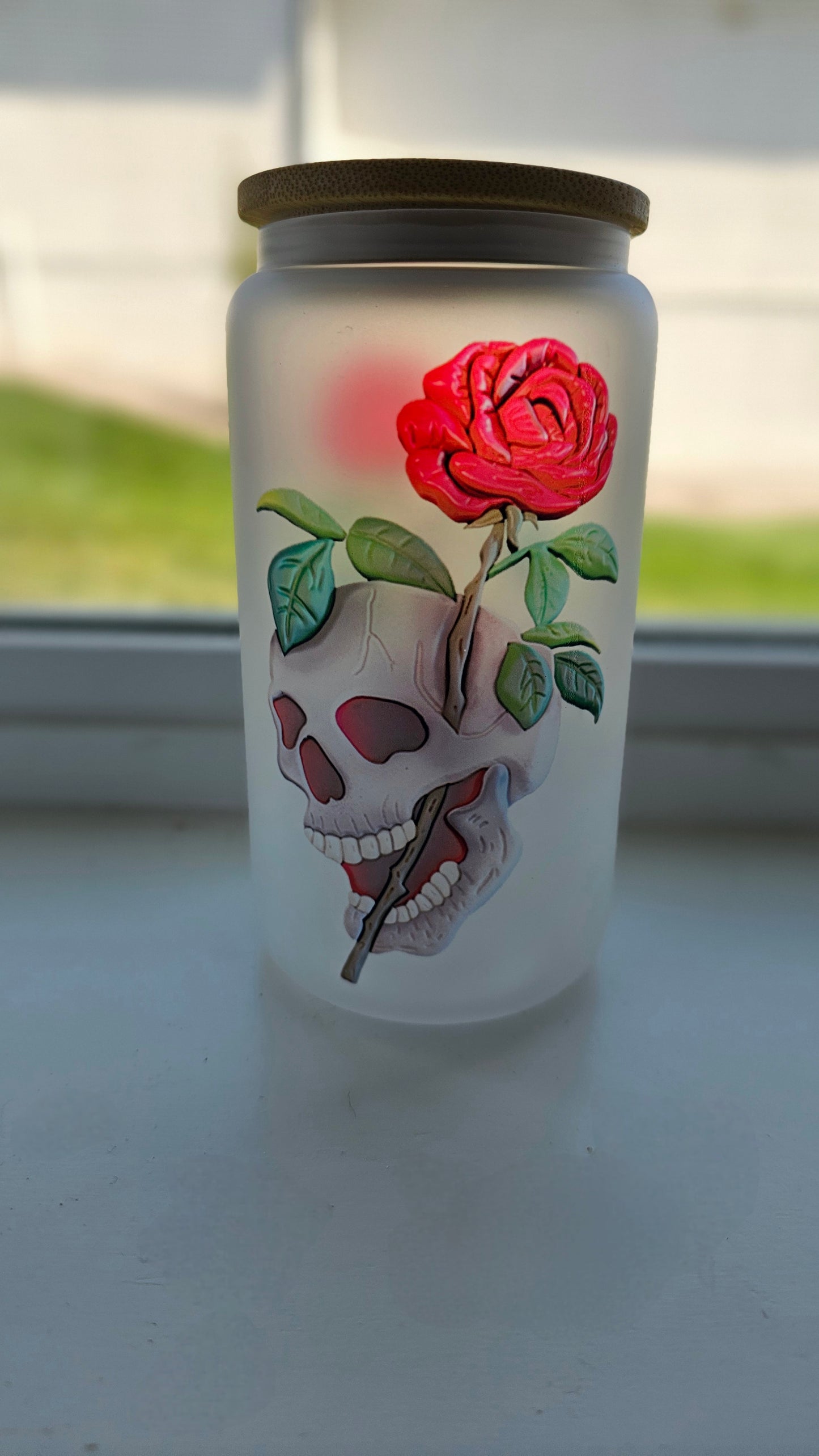 Frosted 16 oz Wooden 3d Art Skull Roses Tattoo Style Iced Coffee Cup with Lid & Straw