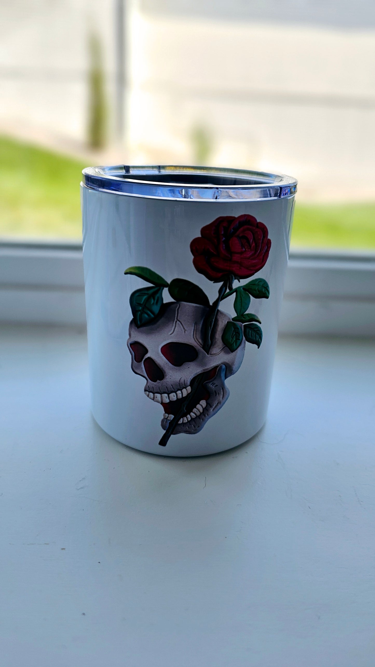 Lowball 10 oz Chunky Skull Wood Art Tumbler Flash Tattoo Style