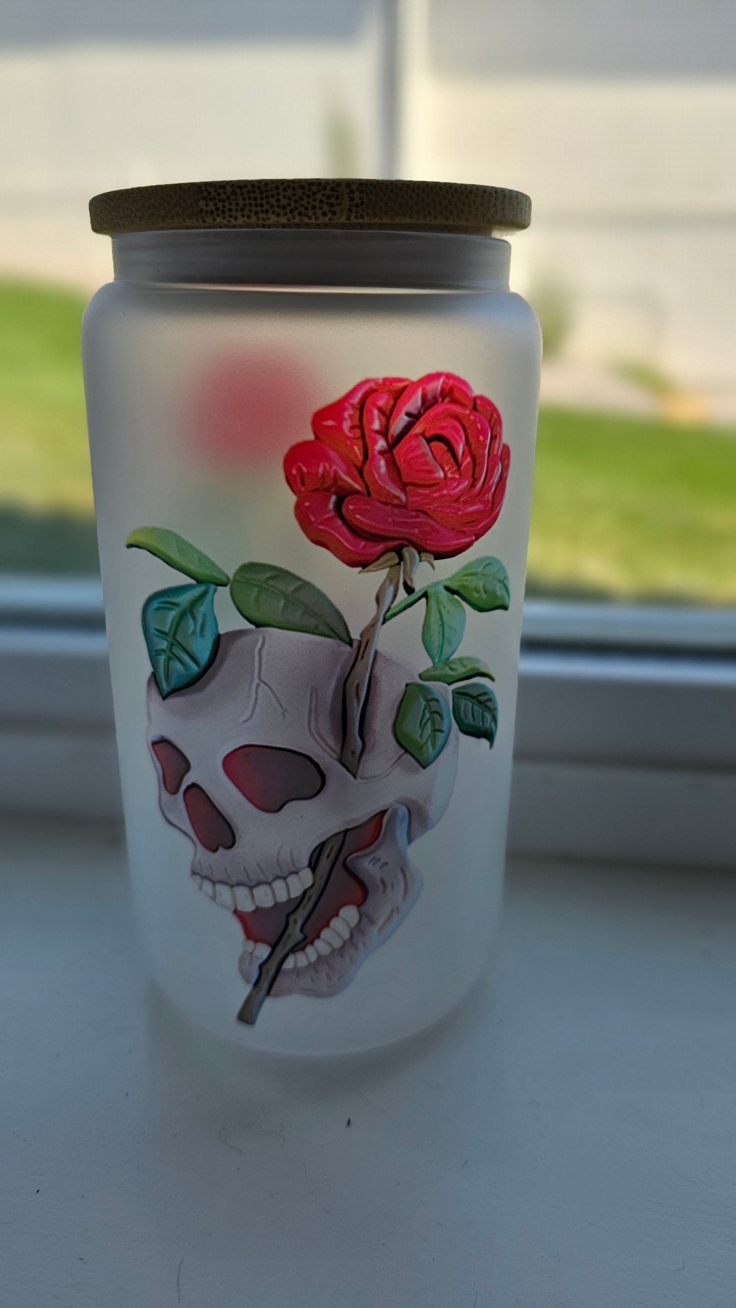 Frosted 16 oz Wooden 3d Art Skull Roses Tattoo Style Iced Coffee Cup with Lid & Straw