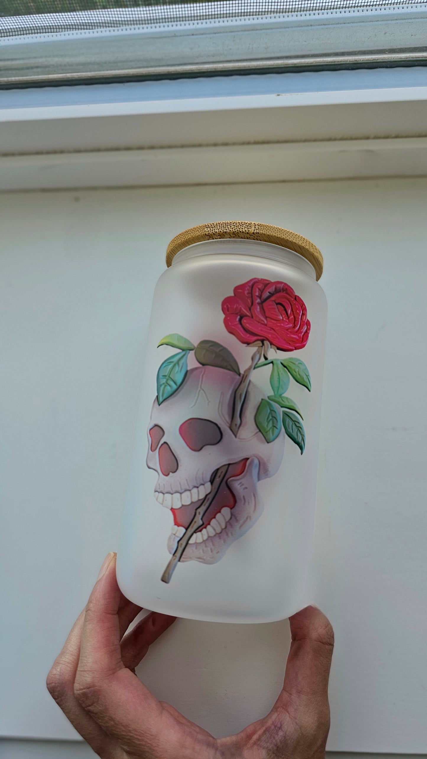 Frosted 16 oz Wooden 3d Art Skull Roses Tattoo Style Iced Coffee Cup with Lid & Straw