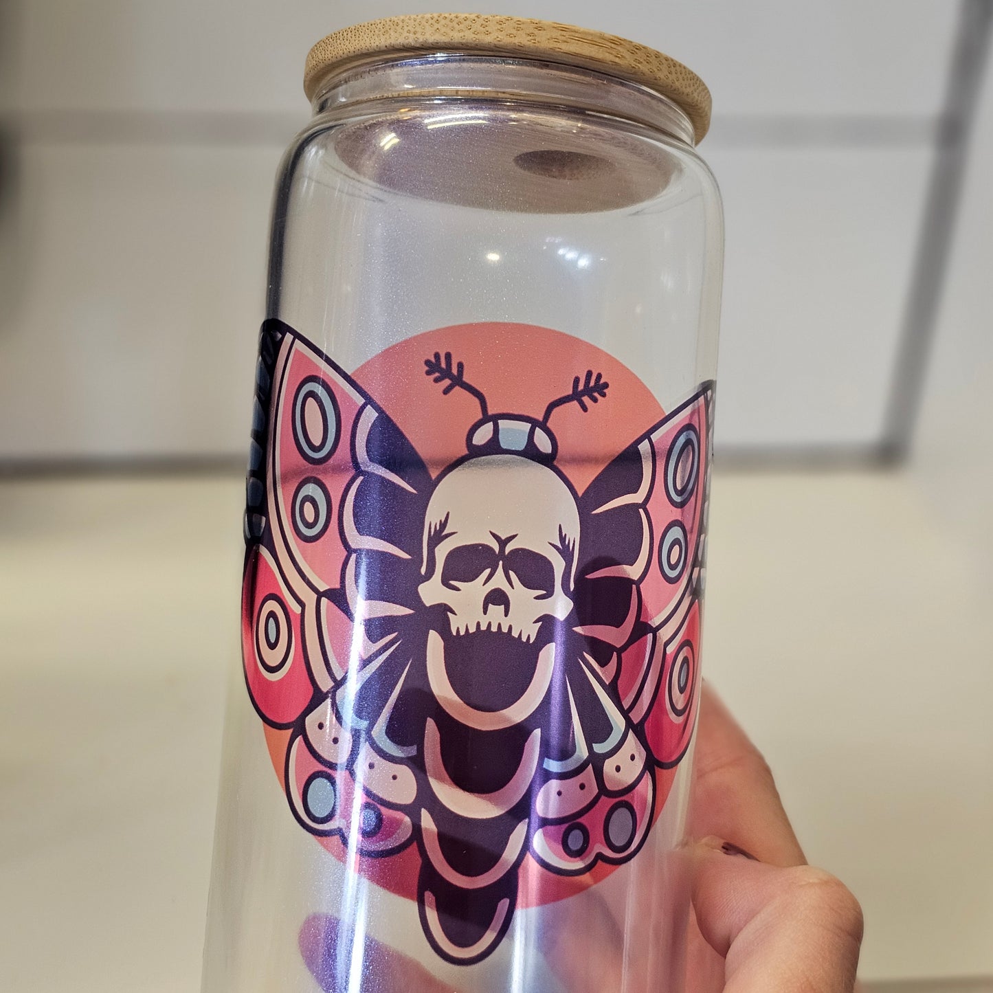 Death Moth Luna Moth Flash Tattoo Iced Coffee Glass Can - 20 oz and 16 oz option