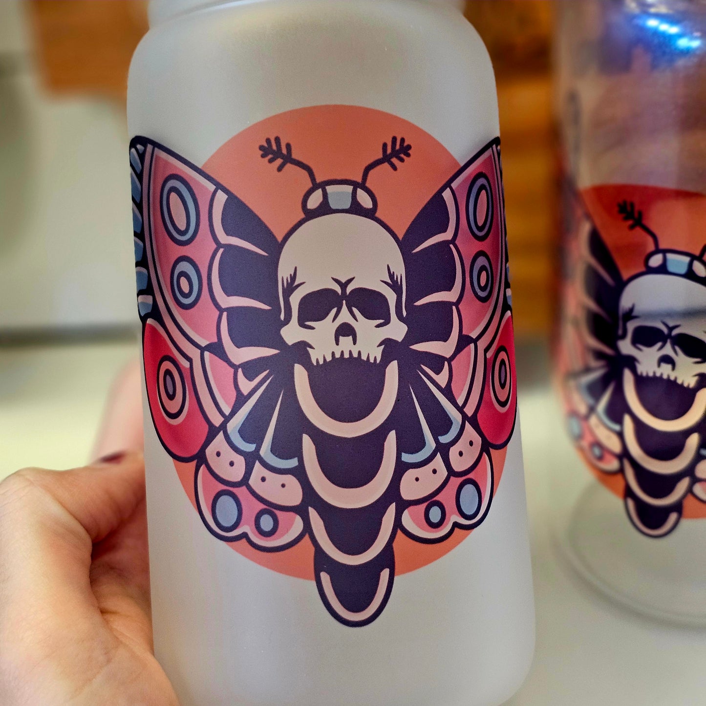 Death Moth Luna Moth Flash Tattoo Iced Coffee Glass Can - 20 oz and 16 oz option