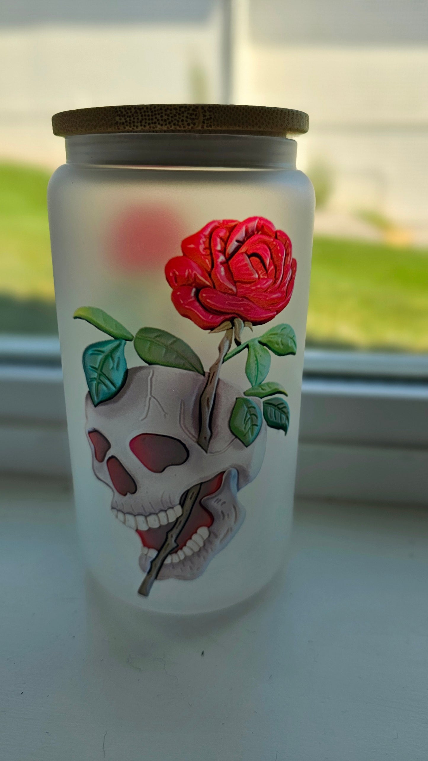 Frosted 16 oz Wooden 3d Art Skull Roses Tattoo Style Iced Coffee Cup with Lid & Straw