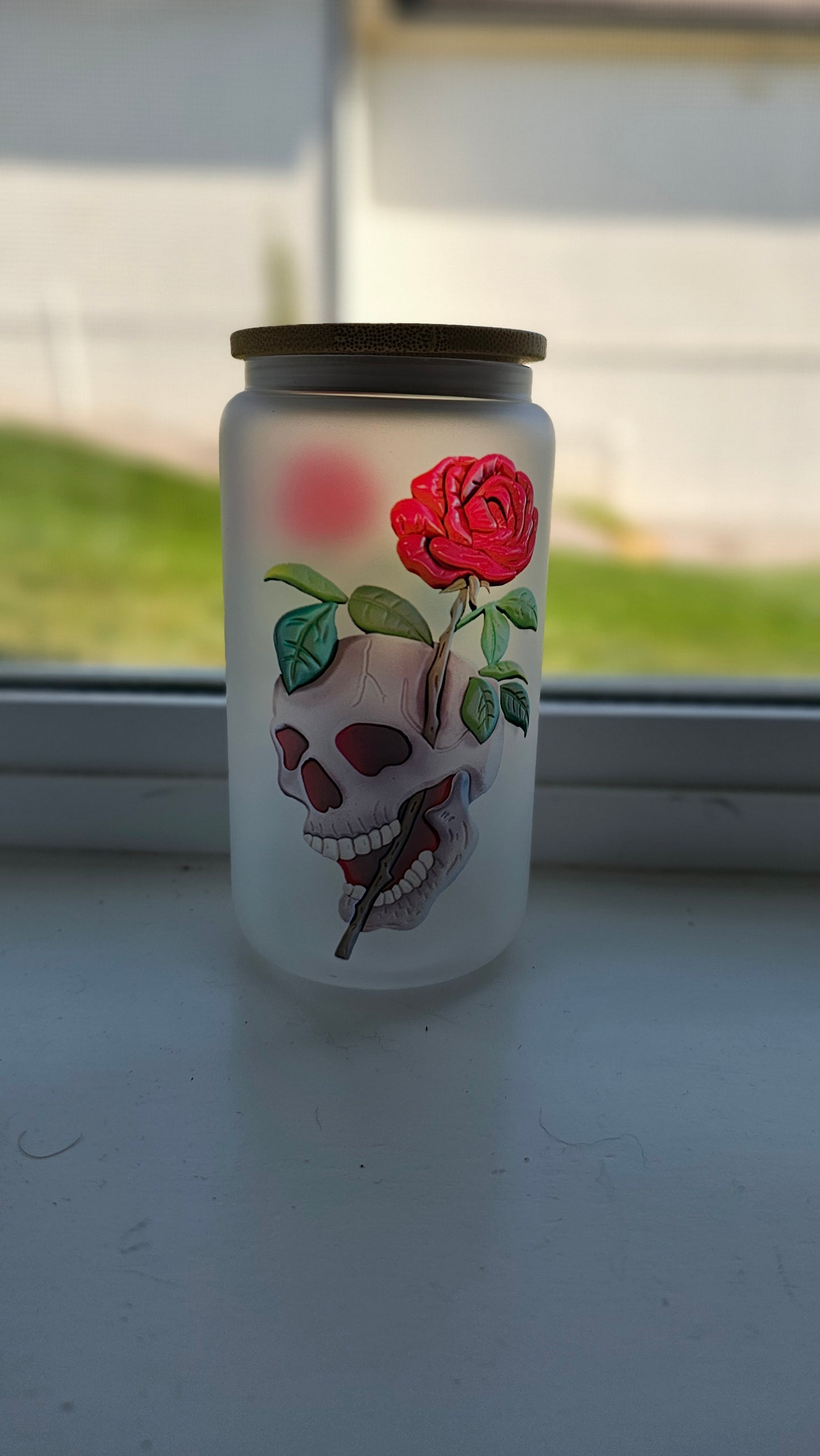 Frosted 16 oz Wooden 3d Art Skull Roses Tattoo Style Iced Coffee Cup with Lid & Straw