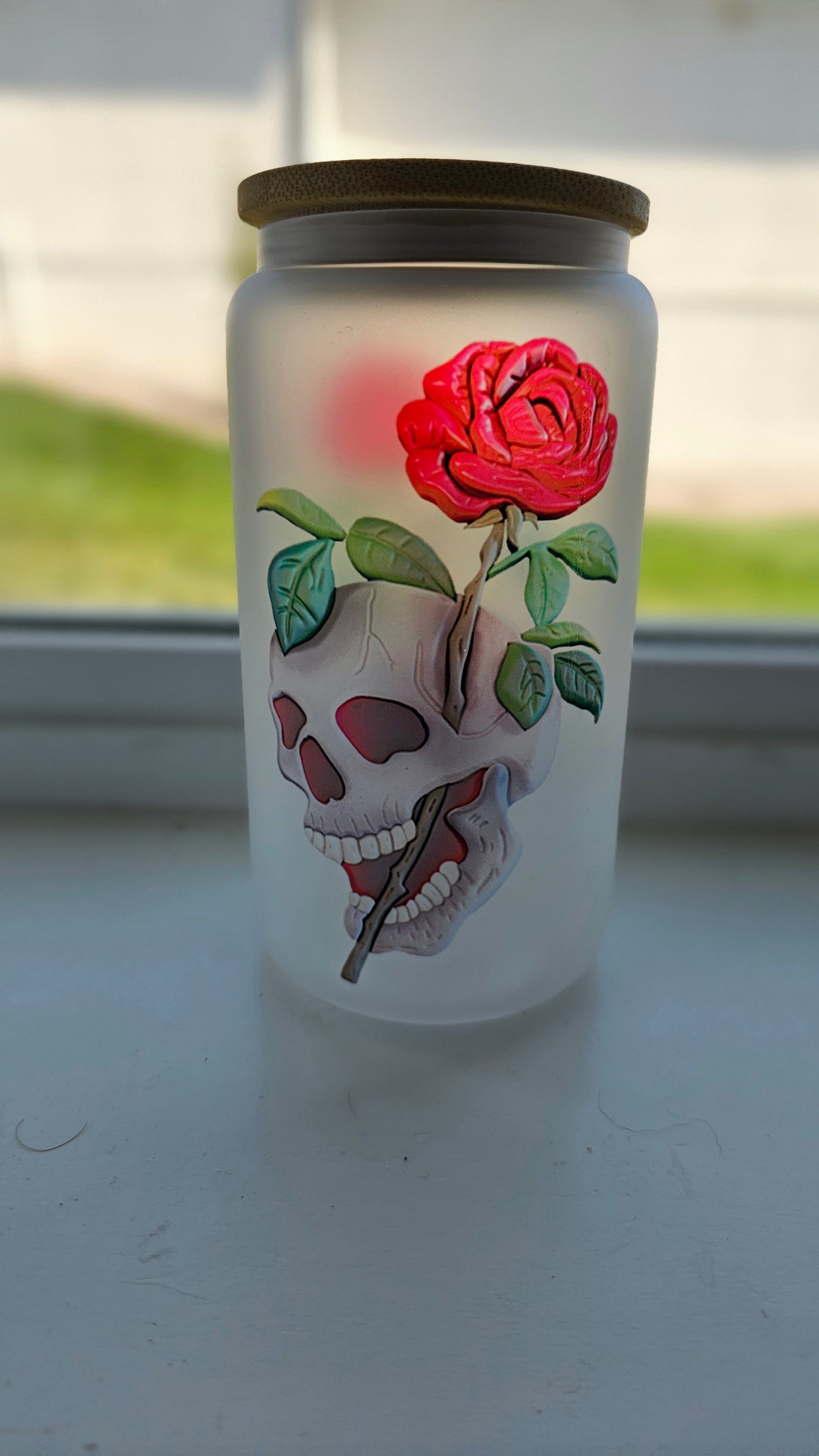 Frosted 16 oz Wooden 3d Art Skull Roses Tattoo Style Iced Coffee Cup with Lid & Straw