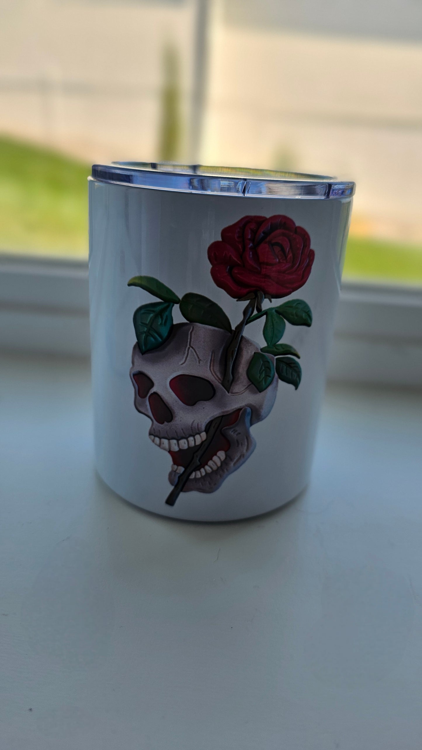 Lowball 10 oz Chunky Skull Wood Art Tumbler Flash Tattoo Style