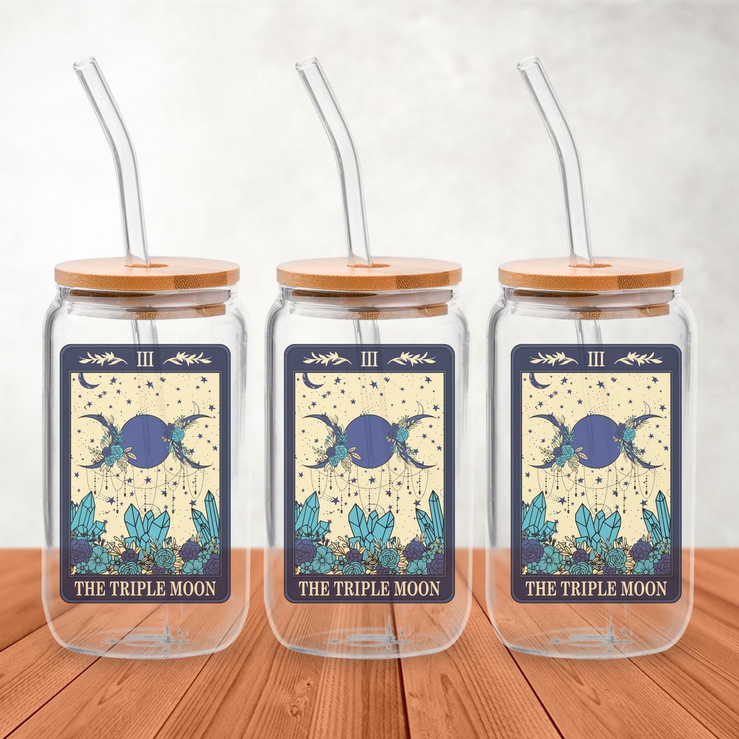 Triple Moon Tarot Occult Mystical Gothic Glass Can, Beer Wine Iced Coffee Cold Brew Water Can, Spooky Occult Tarot Custom Personalized Gift