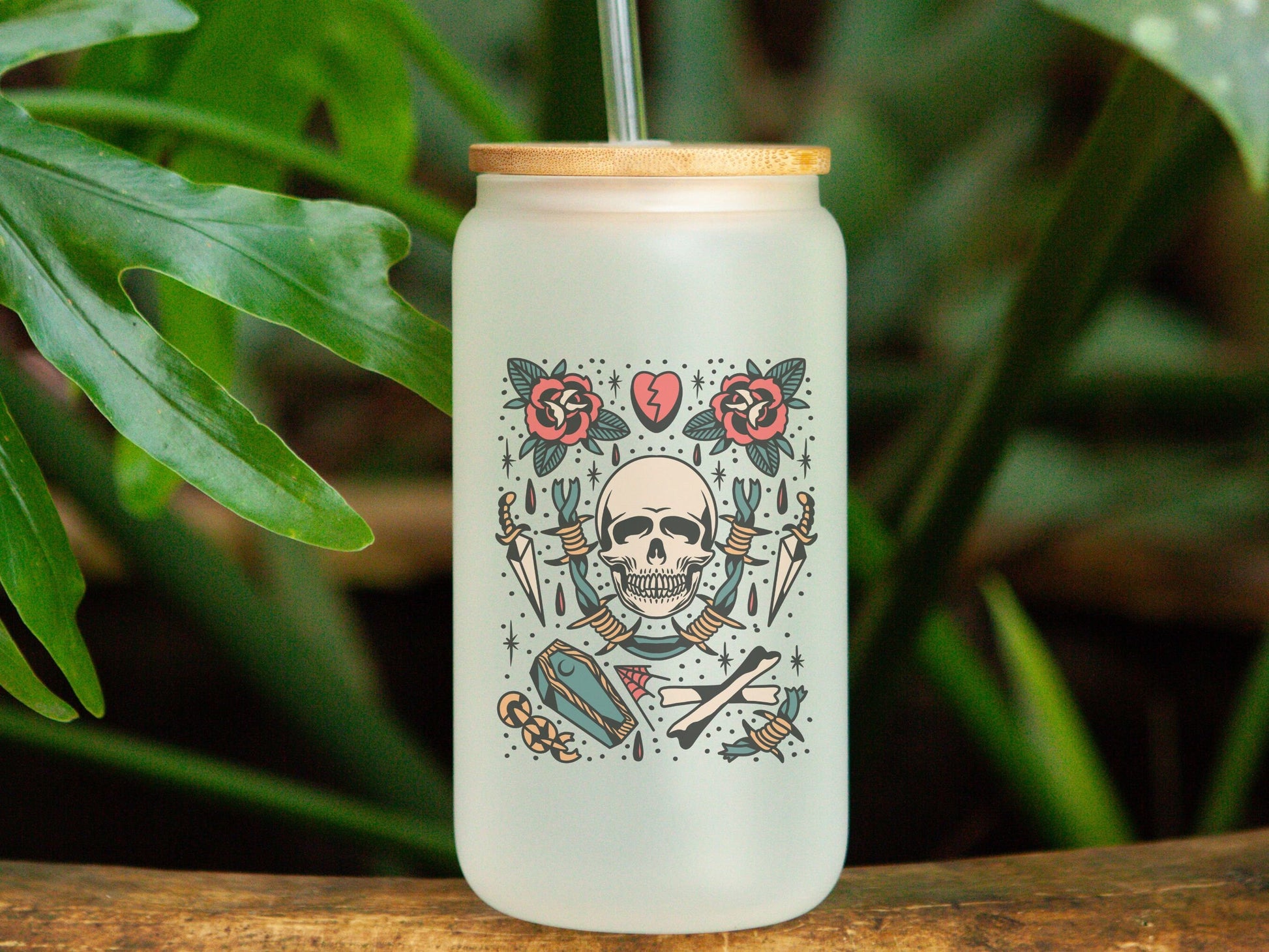 Sugar Skull Frosted Glass Tumbler, Sugar Skull Iced Coffee Tumbler, Cup  With Lid and Straw, Sugar Skull Gift 