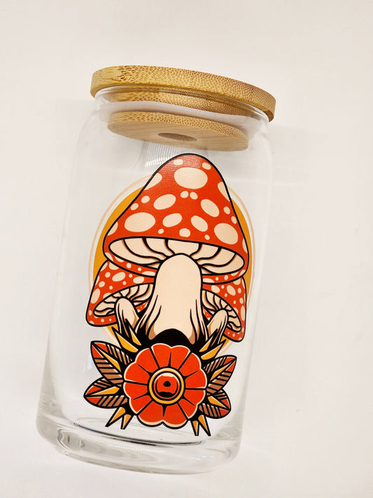 Flash Tattoo Mushroom Cottagecore Glass Can