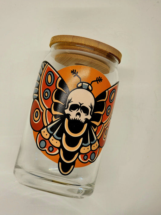 Flash Tattoo Death Moth Skull Iced Coffee Glass Can