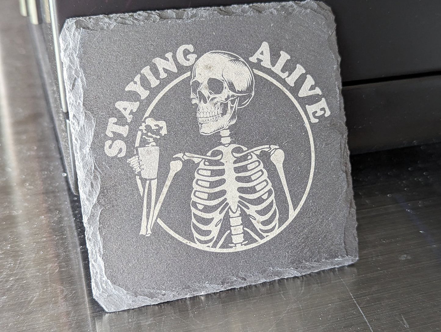 Staying Alive Gothic Skull Slate Black Coaster