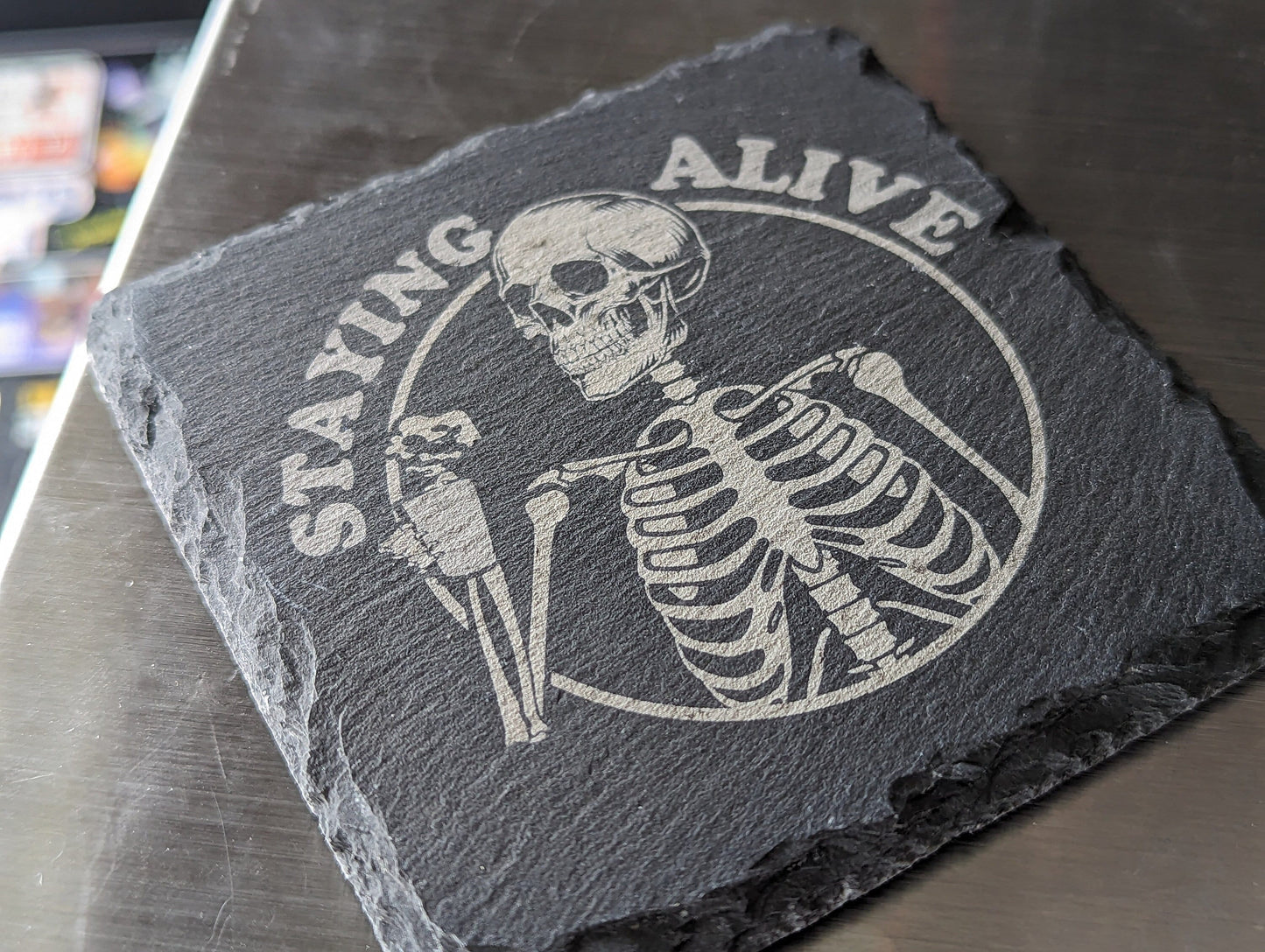 Staying Alive Gothic Skull Slate Black Coaster