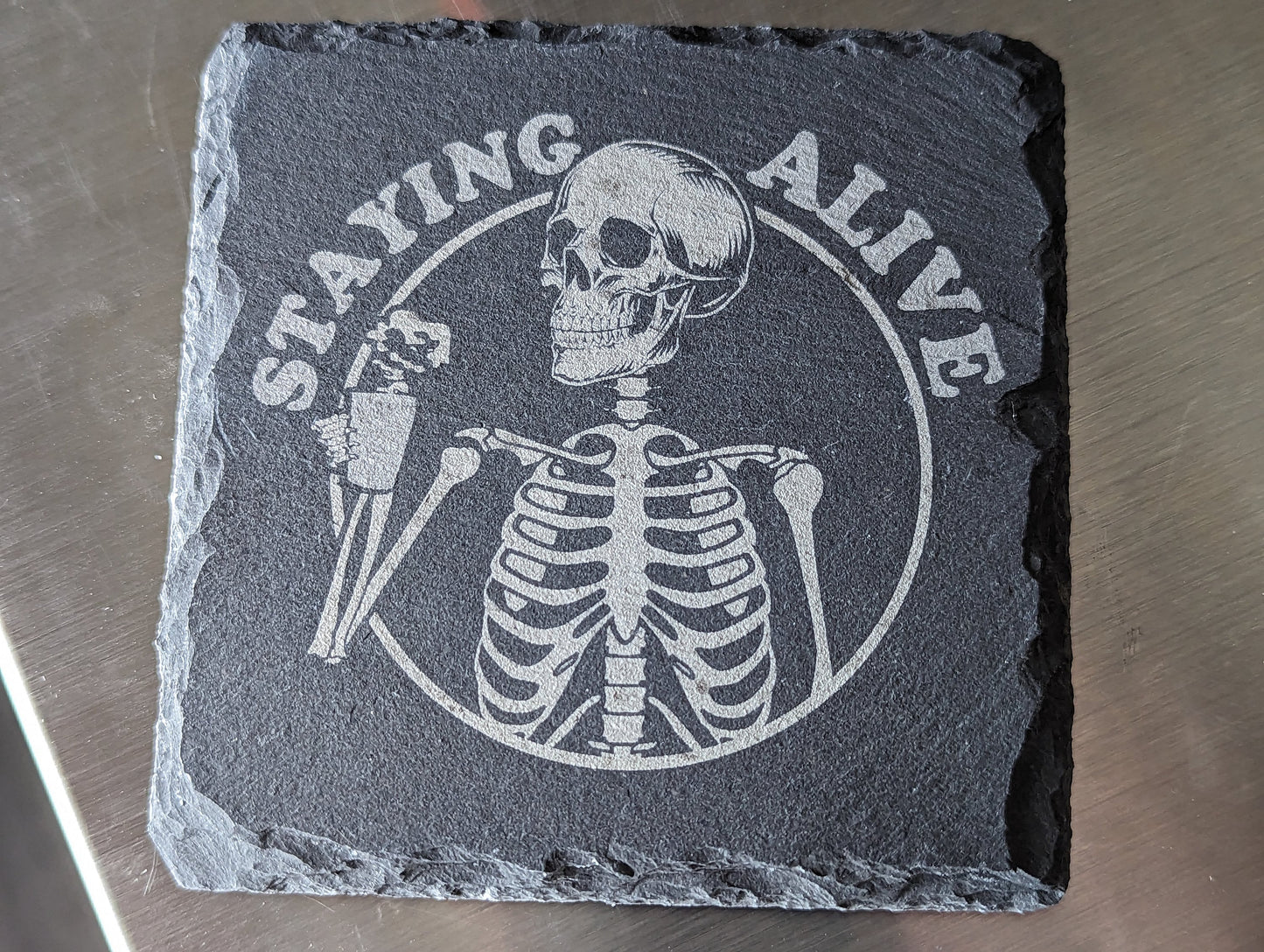 Staying Alive Gothic Skull Slate Black Coaster