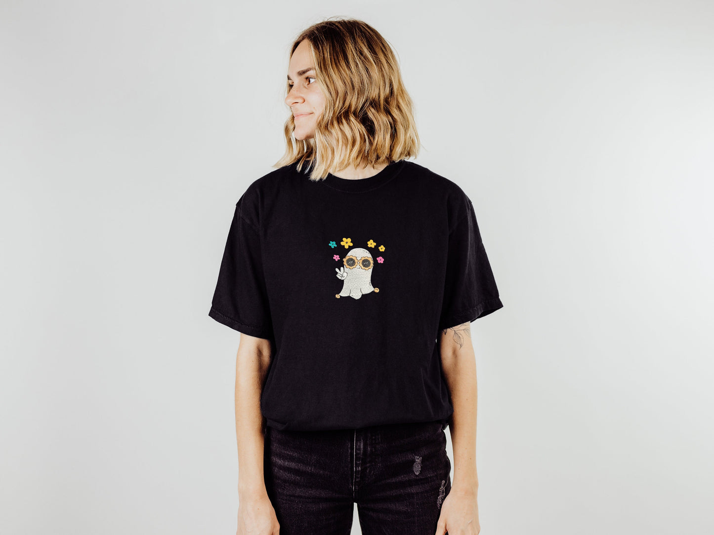 Embroidered Retro Ghost Spooky Season Tee - Sweater Option