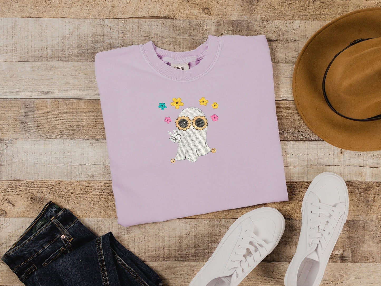 Embroidered Retro Ghost Spooky Season Tee - Sweater Option