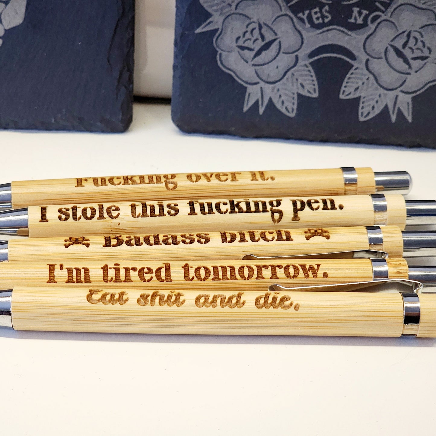 Offensive Snarky Sarcastic Engraved Bamboo Pens, Refillable Black Ink, Several Options for Saying, Funny Gag Gift, Fucking Over it Pen