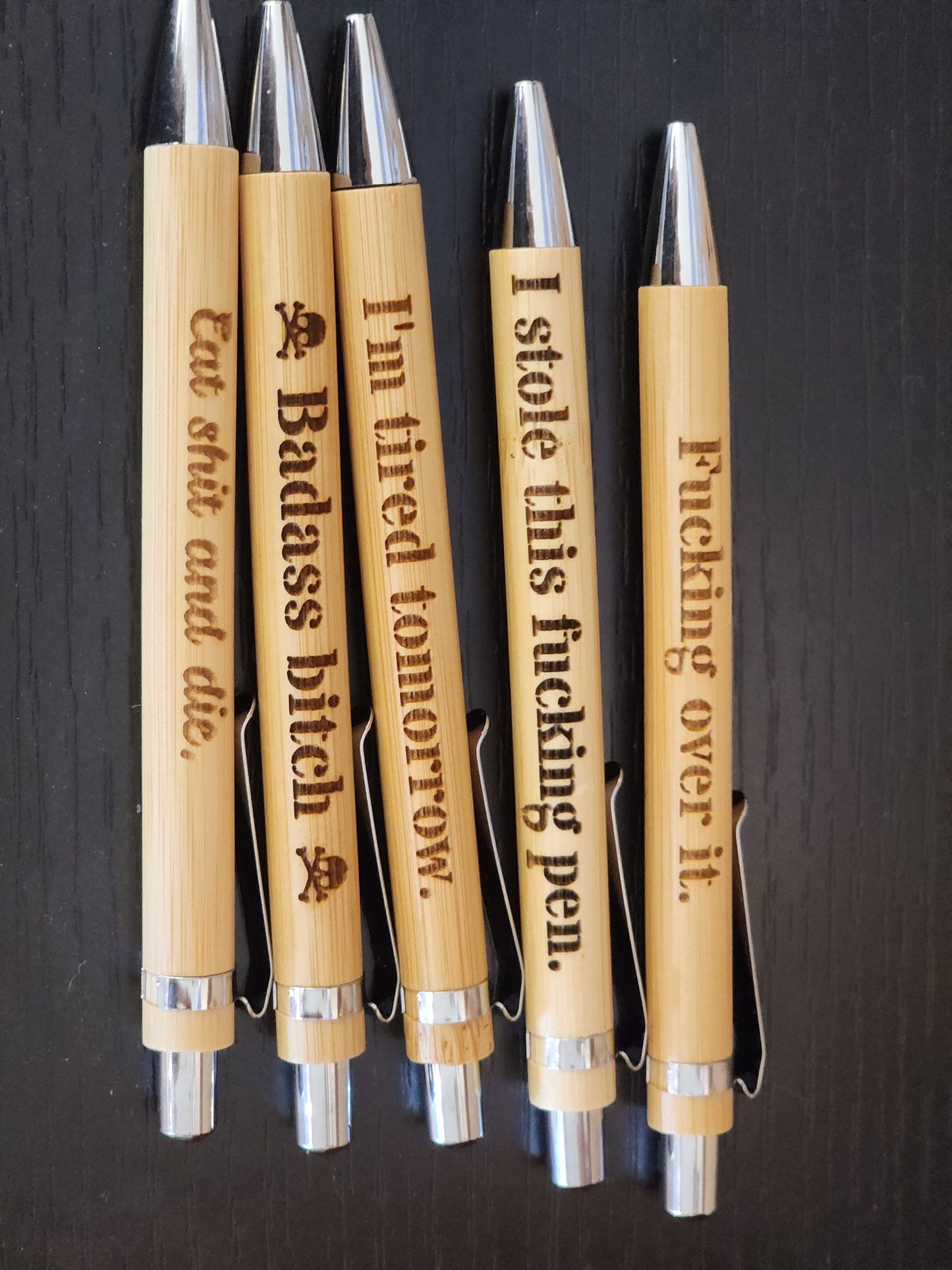 Offensive Snarky Sarcastic Engraved Bamboo Pens, Refillable Black Ink, Several Options for Saying, Funny Gag Gift, Fucking Over it Pen